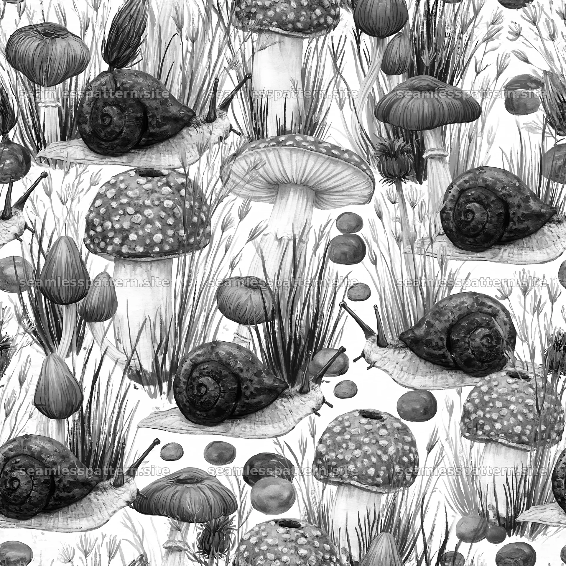 Seamless pattern featuring cute snails and mushrooms seamless pattern preview