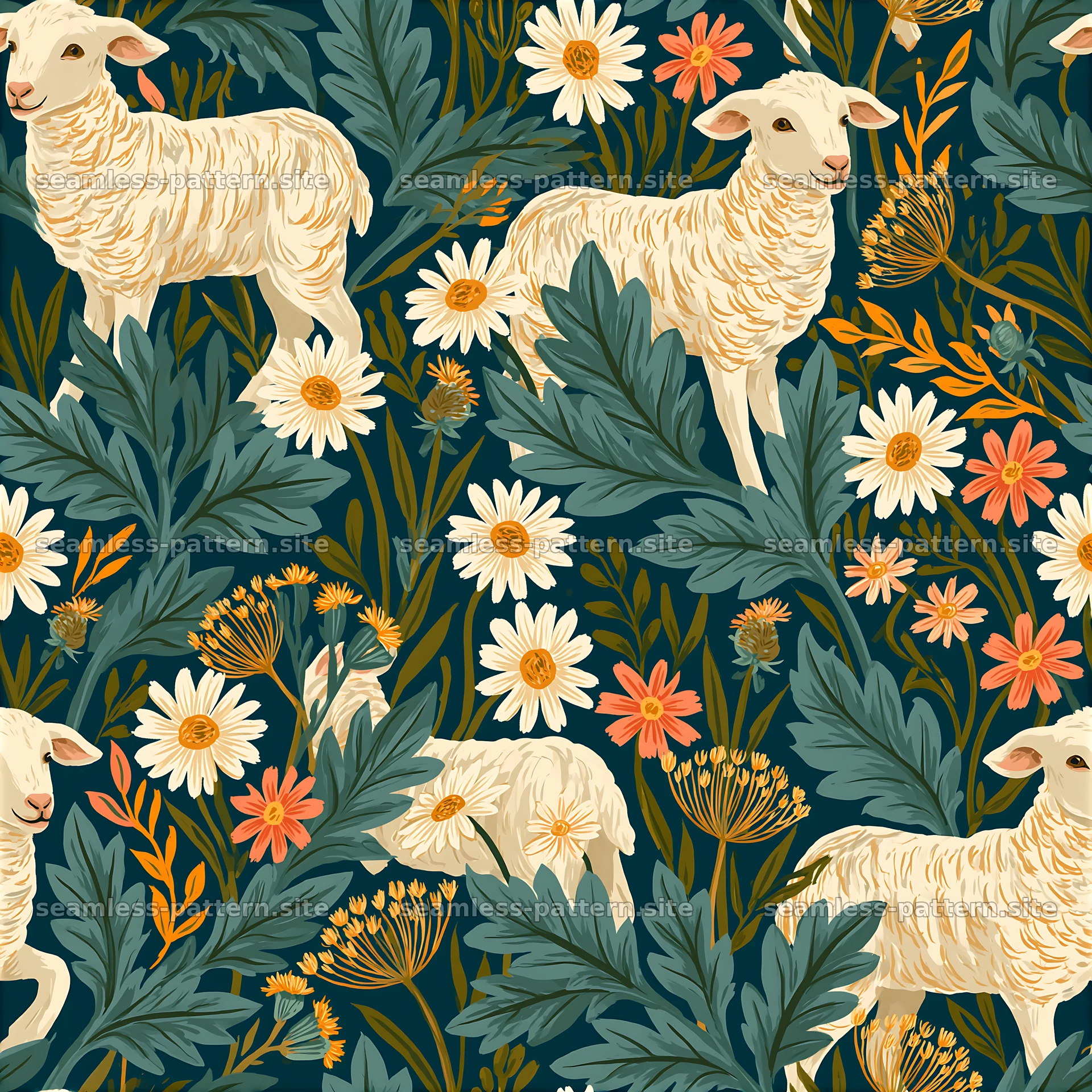 Lambs and Botanical Flowers Seamless Pattern seamless pattern preview