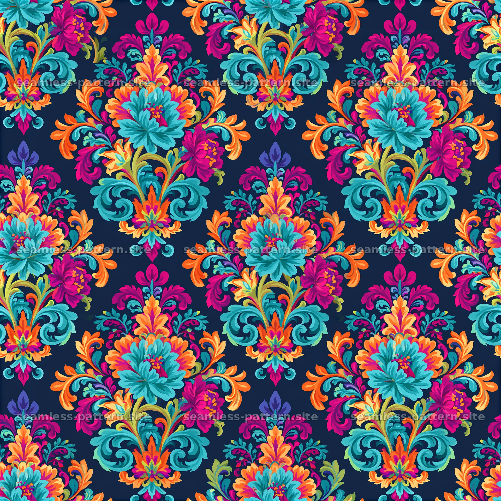 Colorful floral pattern with blue and pink designs on dark background seamless pattern preview