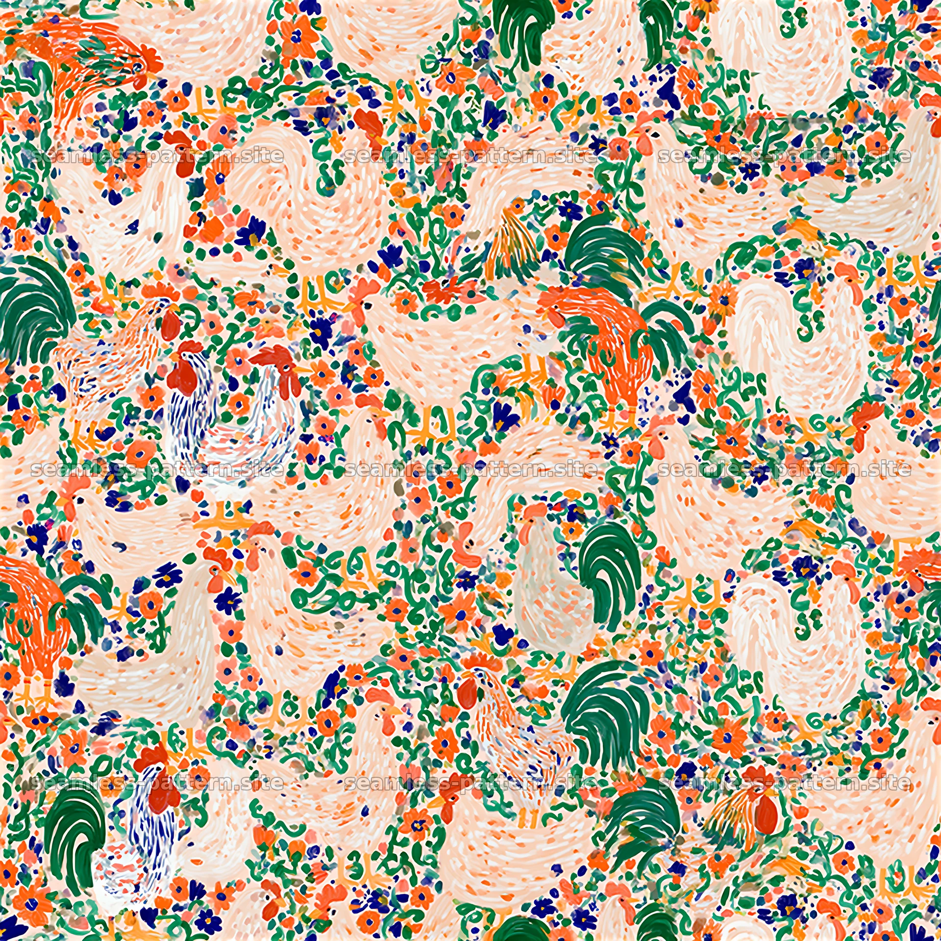 Colorful folk art seamless pattern with roosters and flowers seamless pattern preview