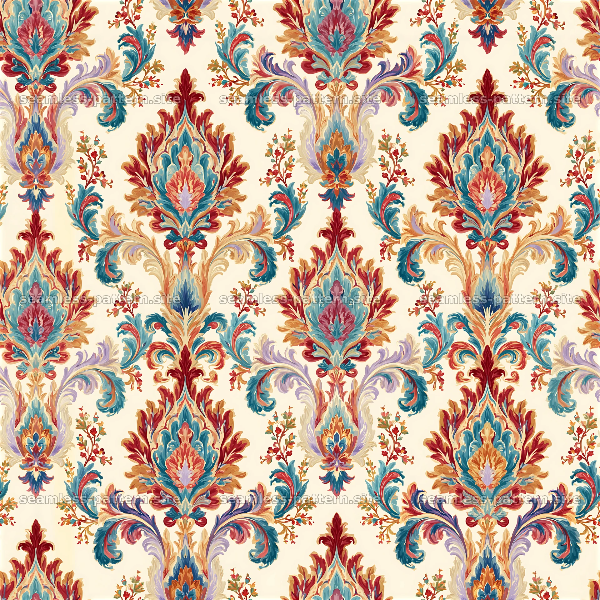Colorful damask seamless pattern in bright hues and floral motifs seamless pattern preview