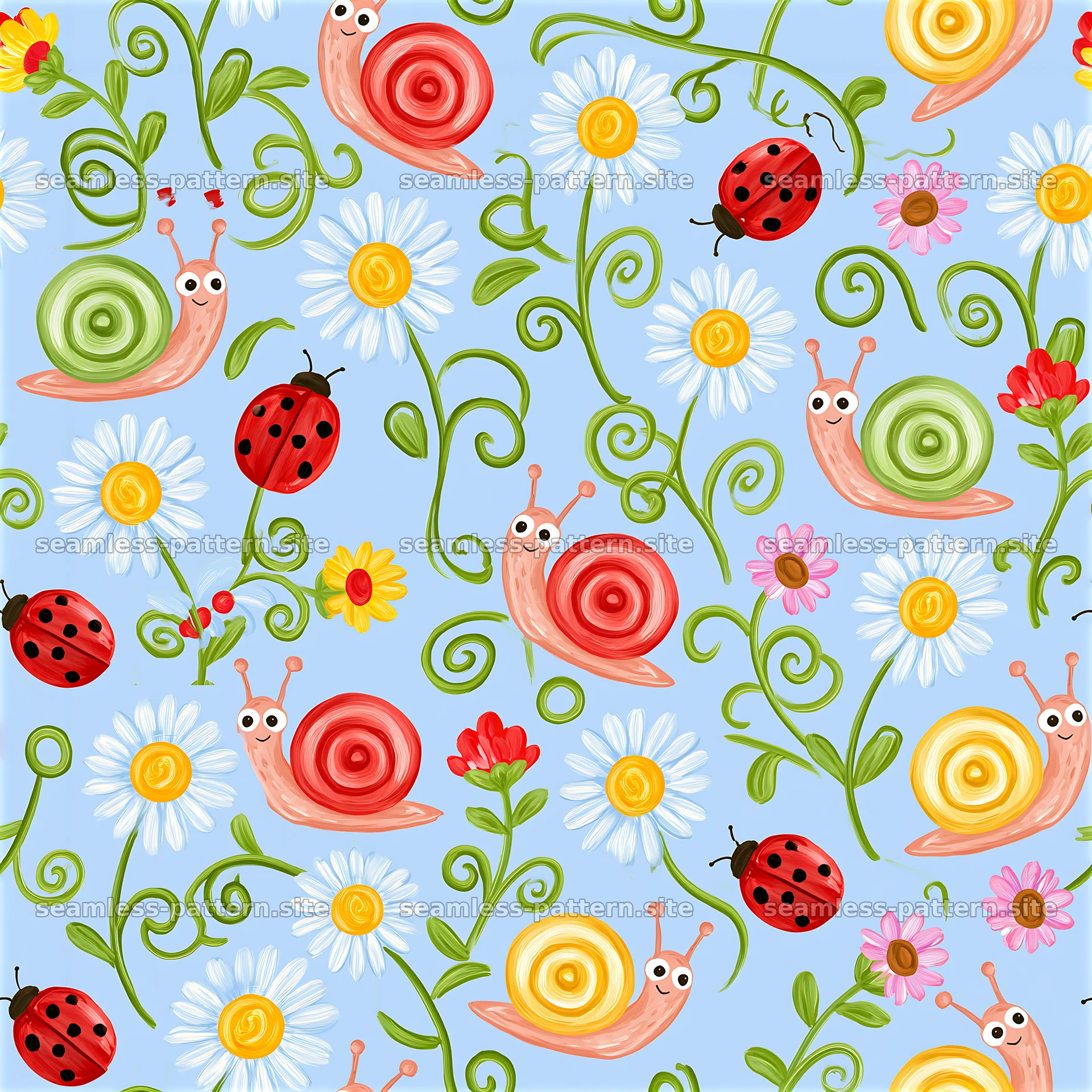 Colorful Hand Painted Snail and Garden Insect Pattern seamless pattern preview