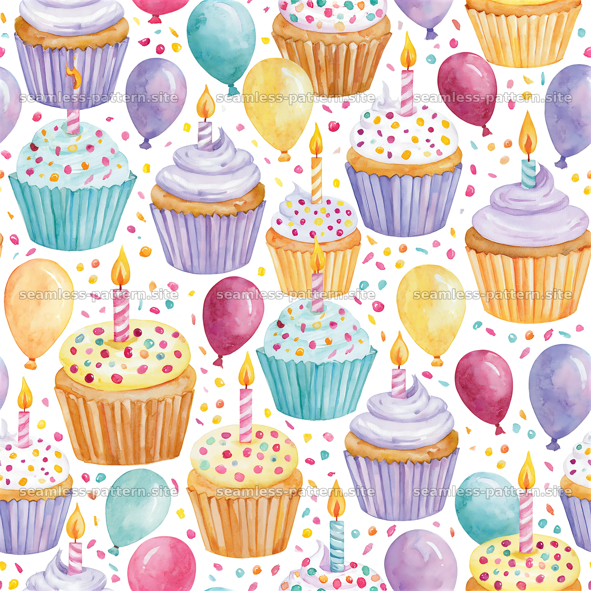 Birthday watercolor seamless pattern with cupcakes and balloons seamless pattern preview