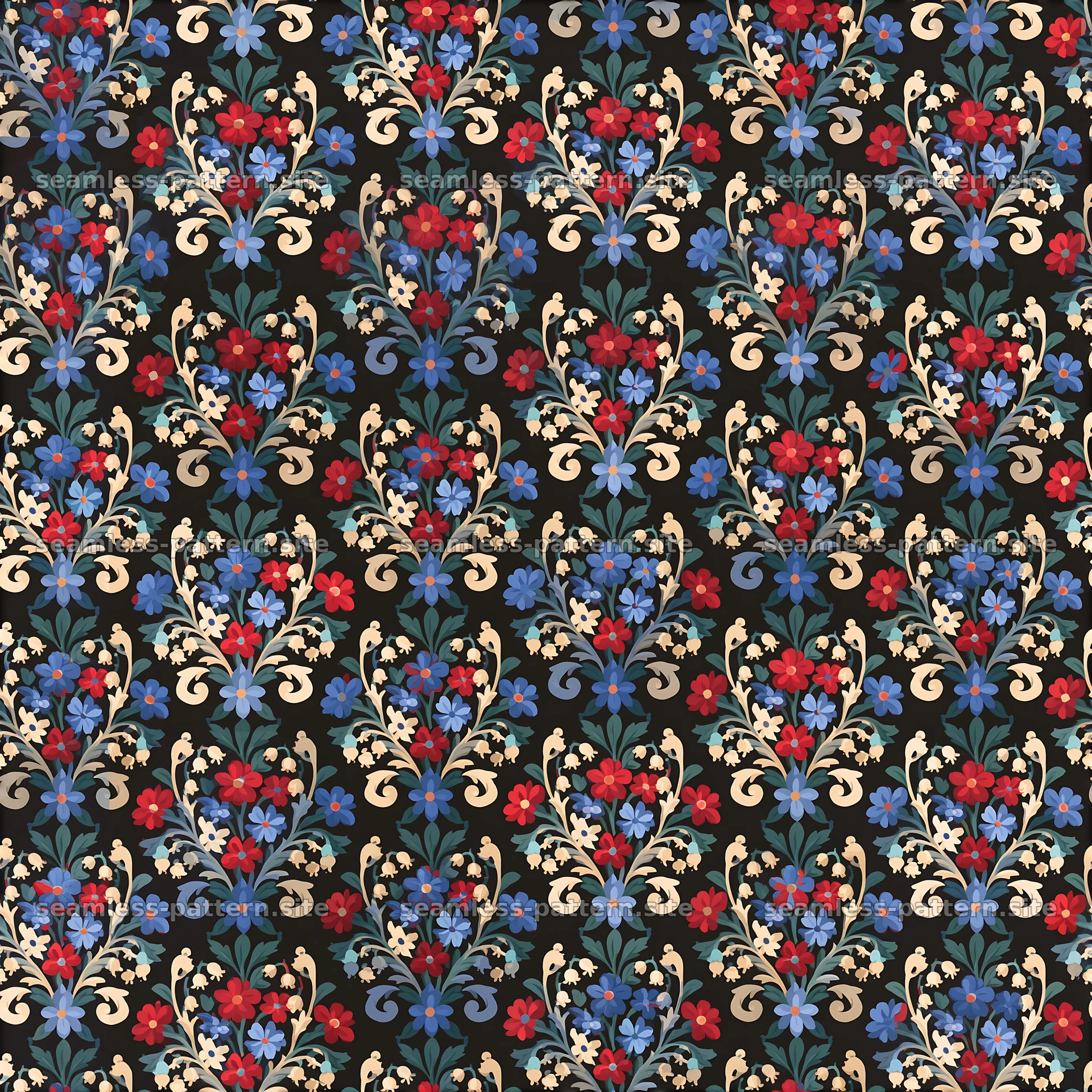 Floral design in black background with detailed elements seamless pattern preview