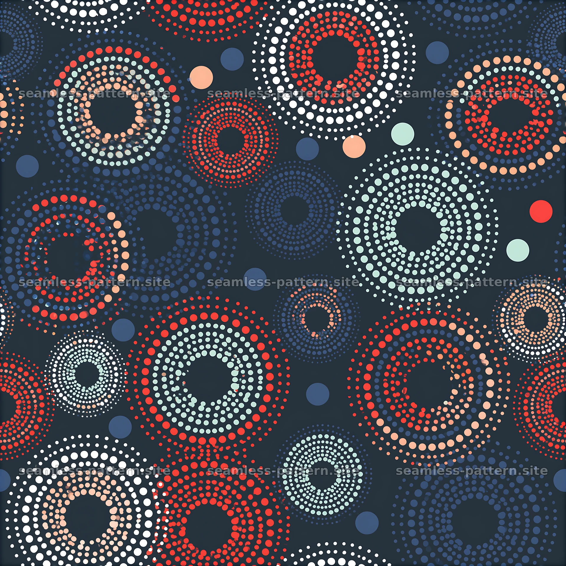 Colorful dot pattern with circular motifs on a dark background seamless pattern preview