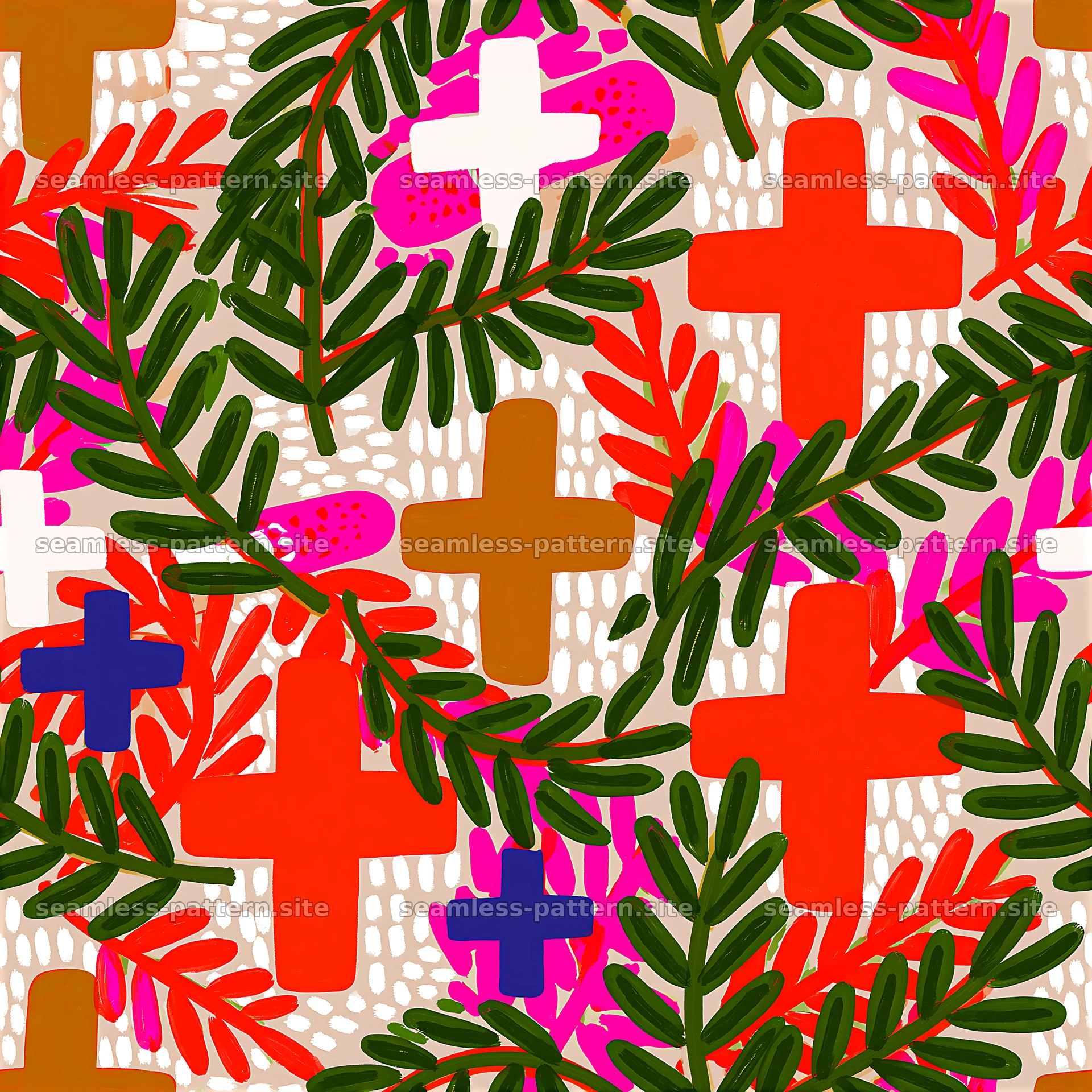 Bold olive branch and colorful cross seamless pattern seamless pattern preview