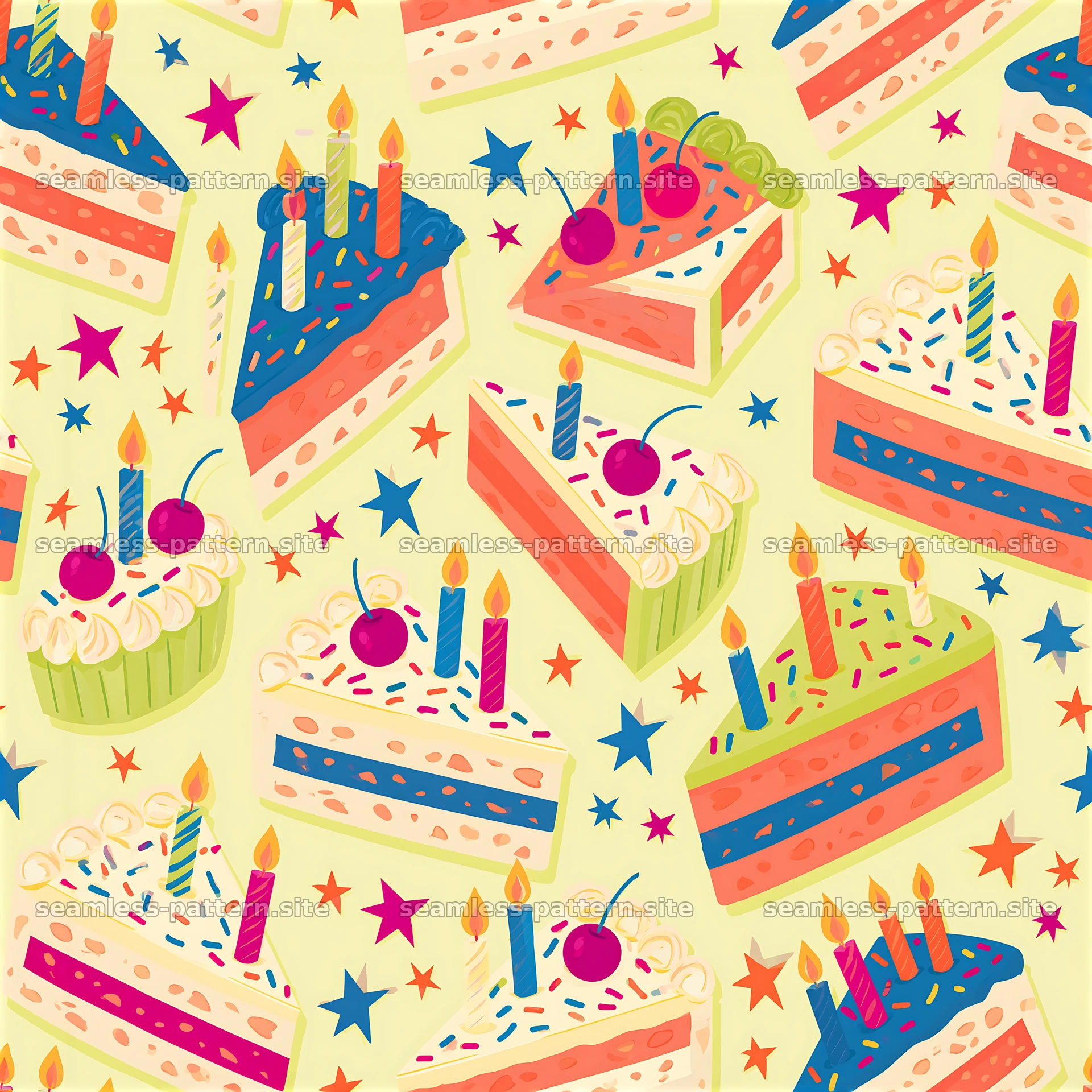 Birthday Cake Repeat Pattern with Candles and Sprinkles seamless pattern preview