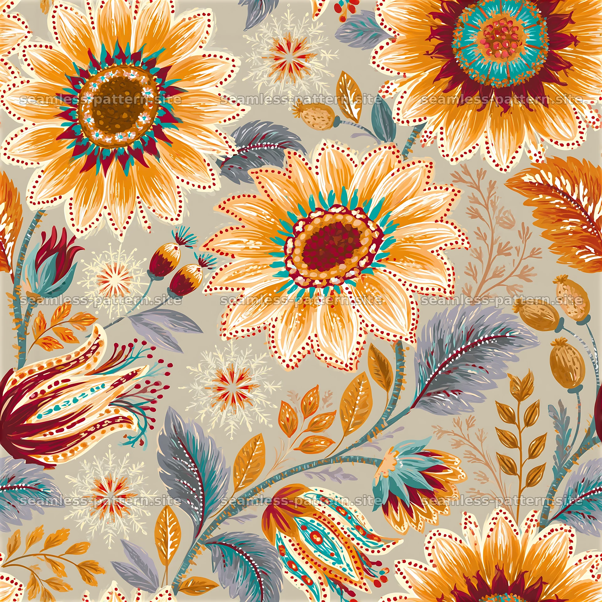 Colorful folk art seamless pattern featuring flowers and leaves seamless pattern preview