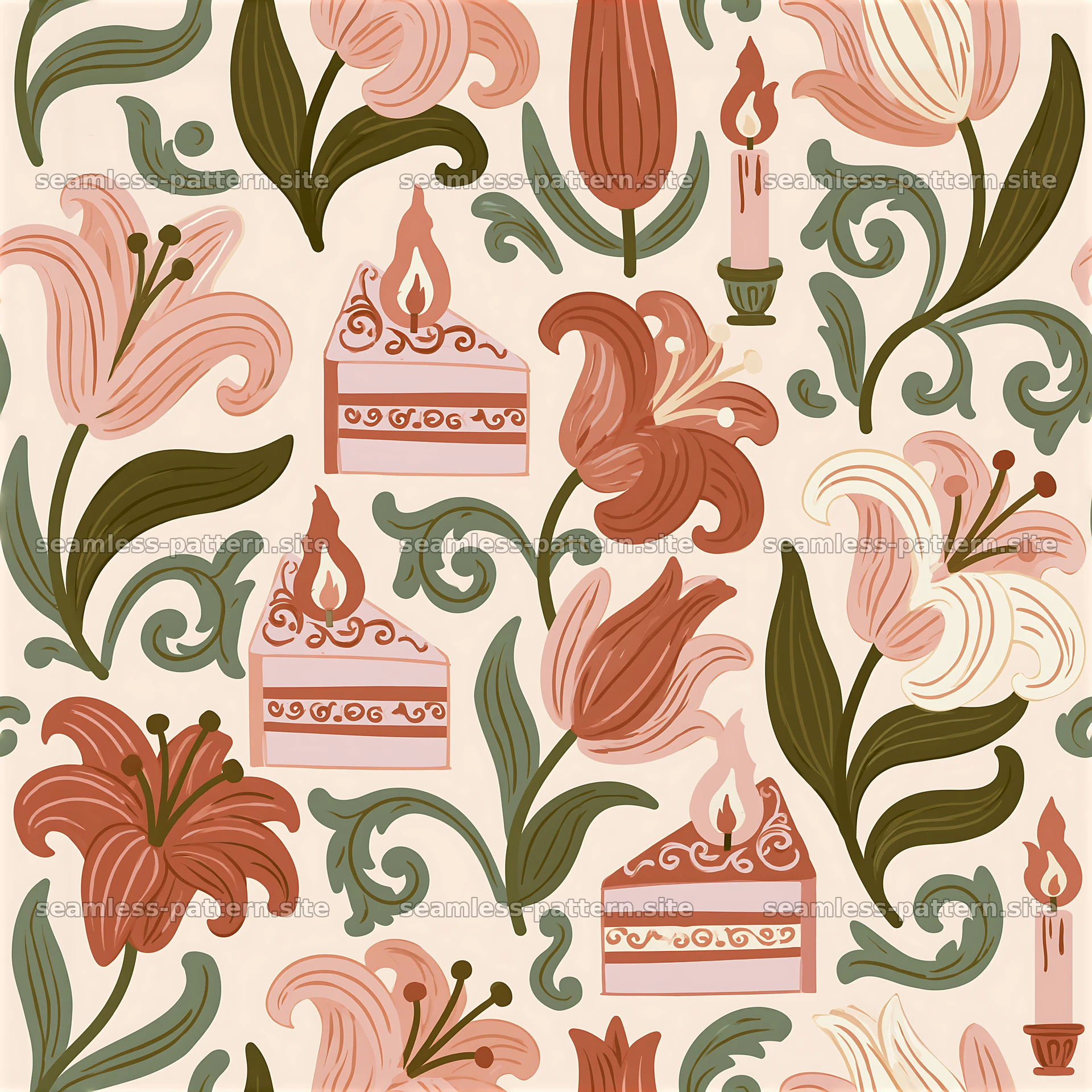 Floral birthday cake and candle seamless pattern seamless pattern preview