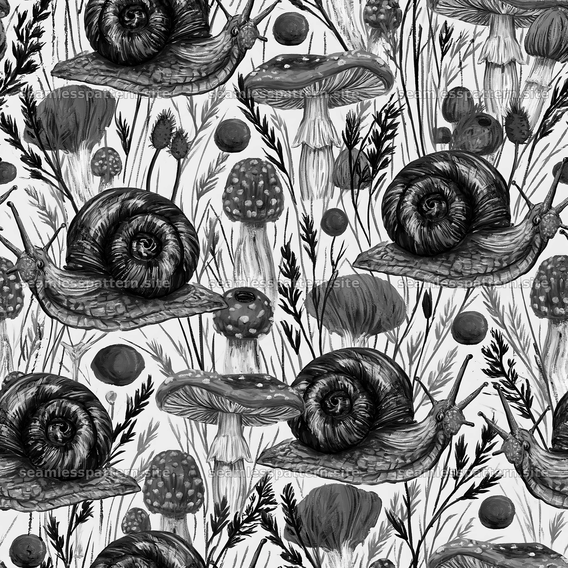Seamless pattern featuring cute snails and mushrooms seamless pattern preview