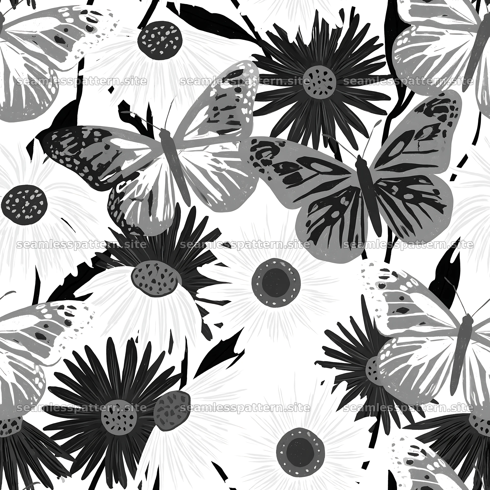 Butterfly and daisy seamless pattern in monochrome style seamless pattern preview