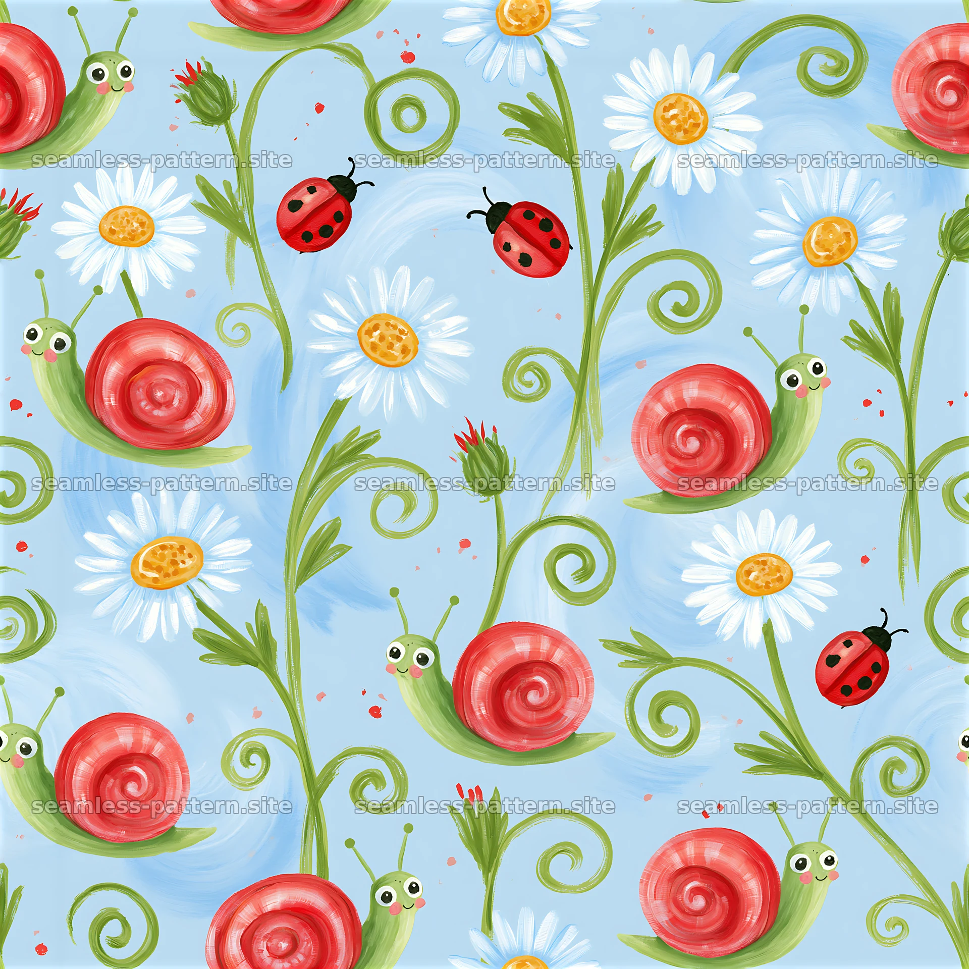 Colorful snail and flower seamless pattern on light blue background seamless pattern preview