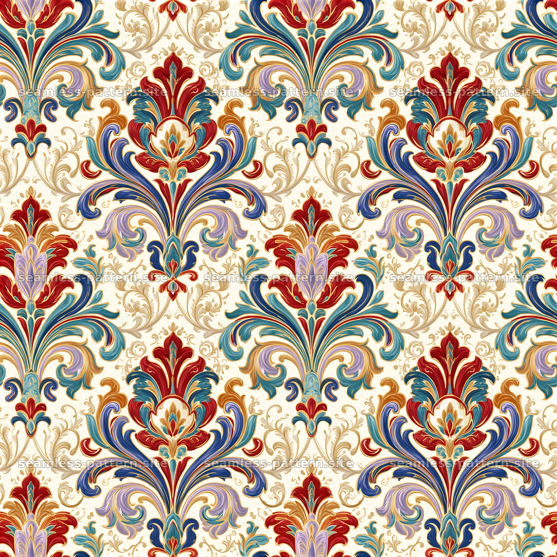 Colorful damask seamless pattern features ornate motifs and vibrant seamless pattern preview