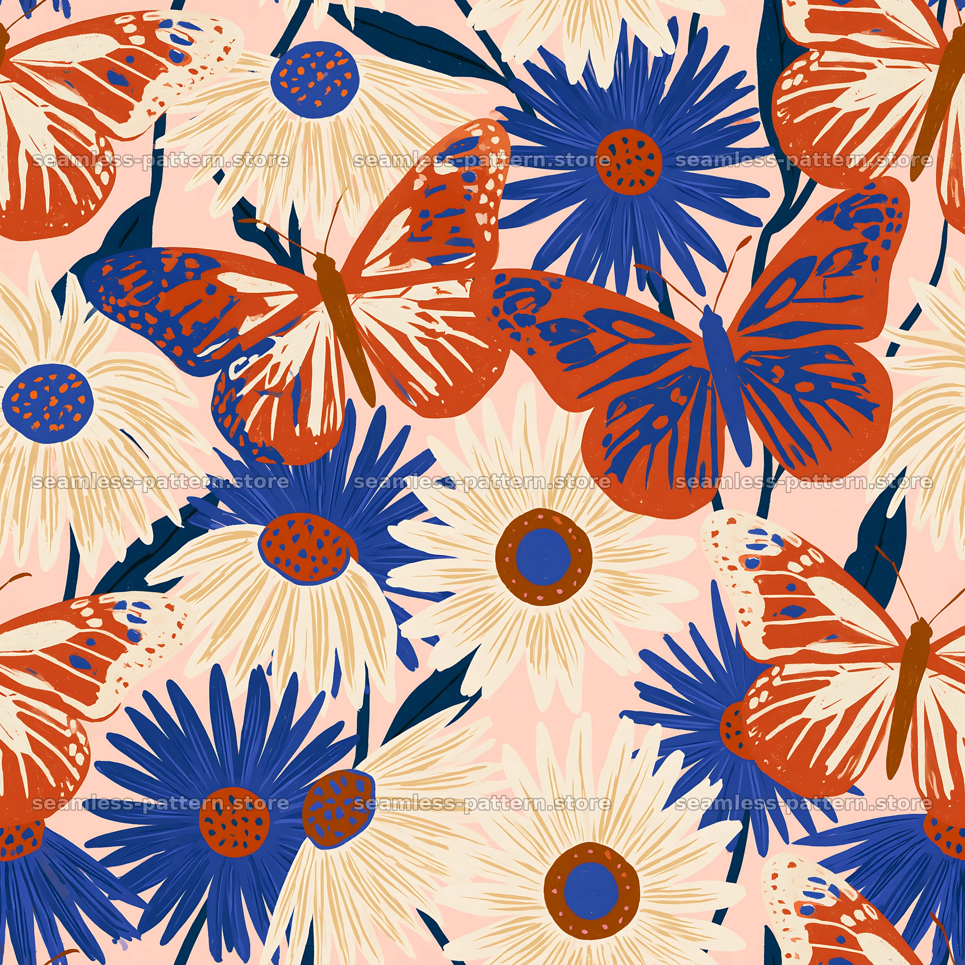 Butterfly and daisy seamless pattern in bright colors seamless pattern preview