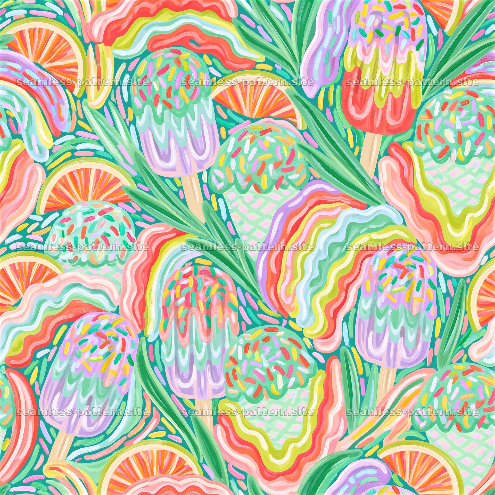Colorful ice cream pattern with popsicles and fruit slices seamless pattern preview