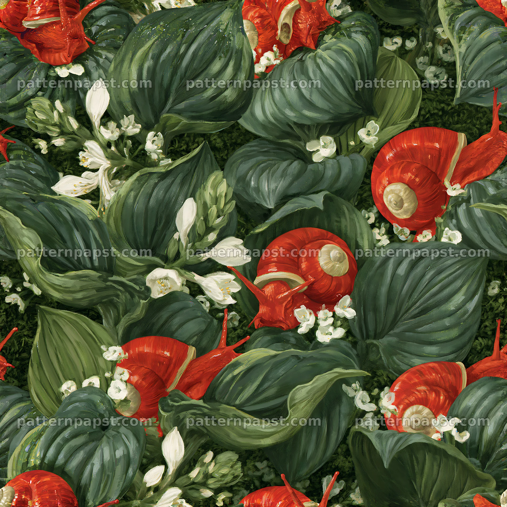 Red garden snail repeat pattern for fabric and wallpaper seamless pattern preview