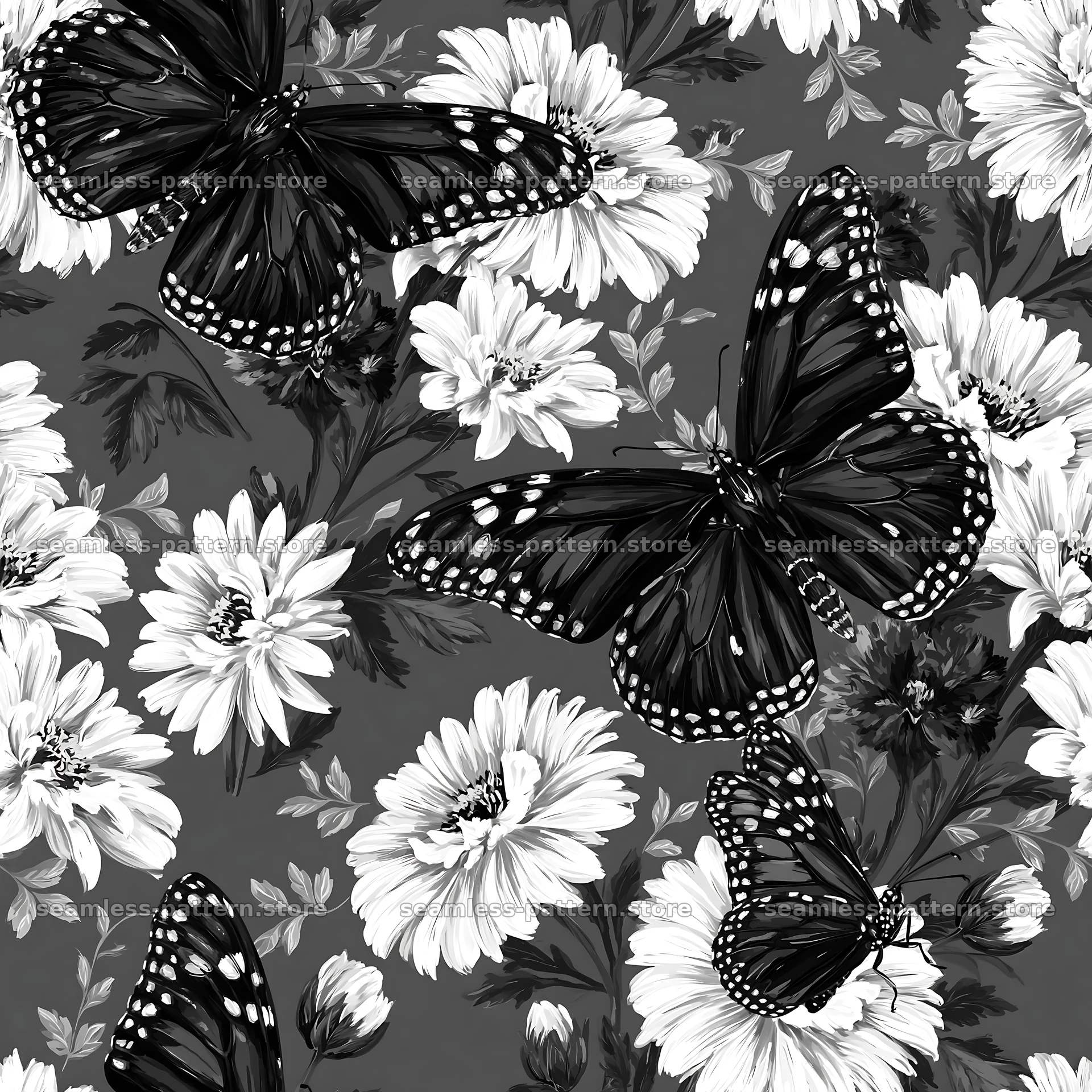 Butterfly and daisy seamless pattern in black and white seamless pattern preview