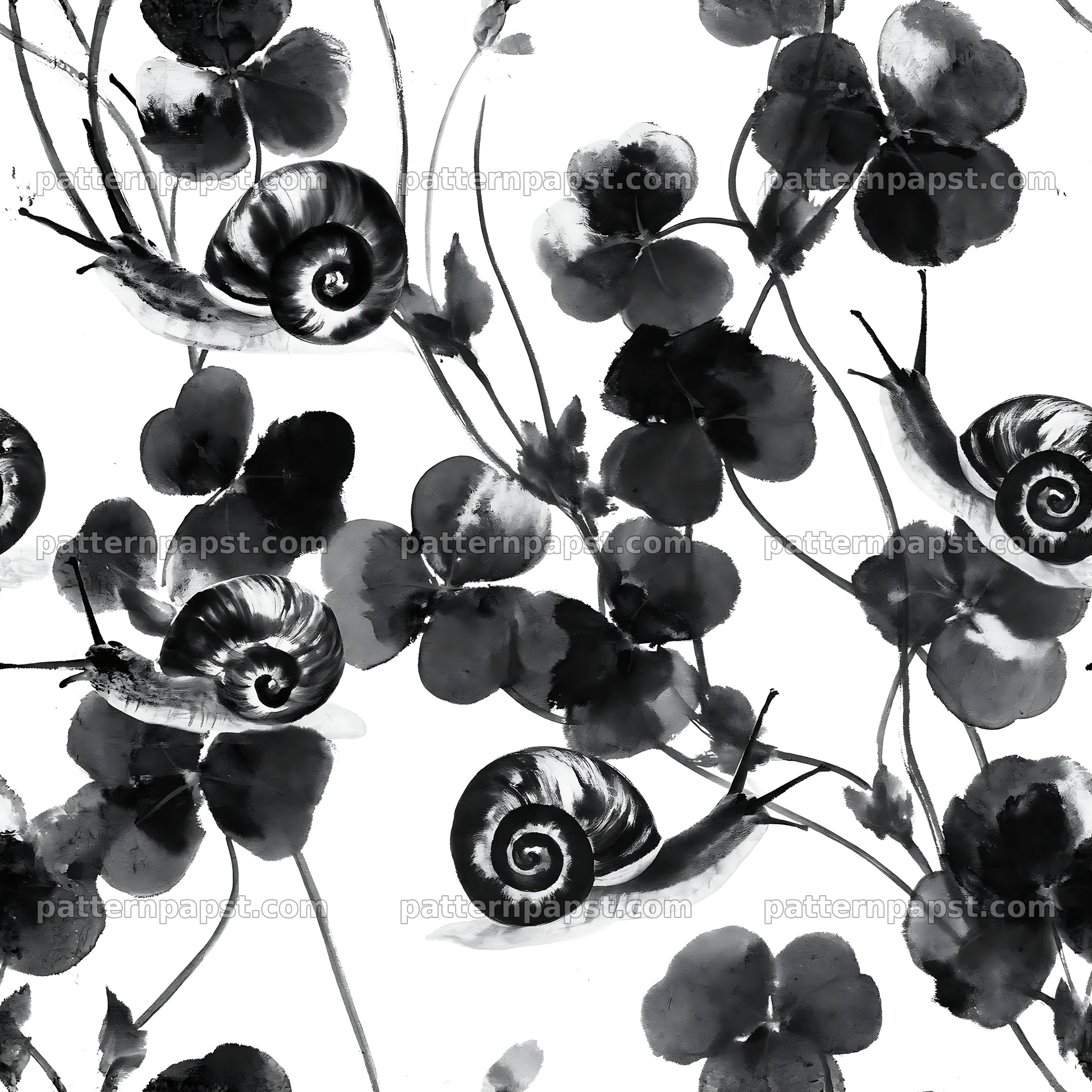 Seamless pattern of snails and clover leaves in black and white seamless pattern preview