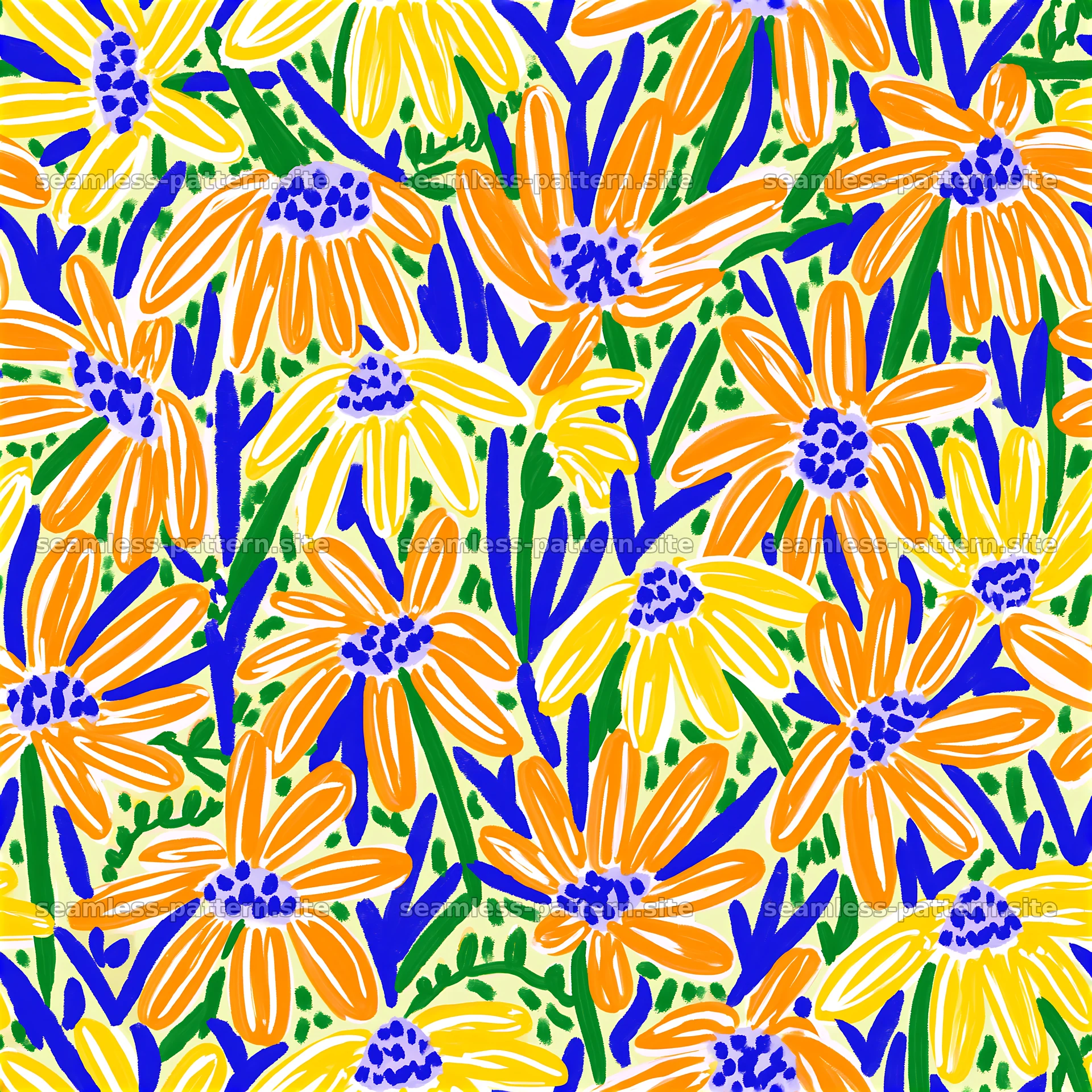 Colorful daisy seamless pattern with orange and yellow flowers seamless pattern preview