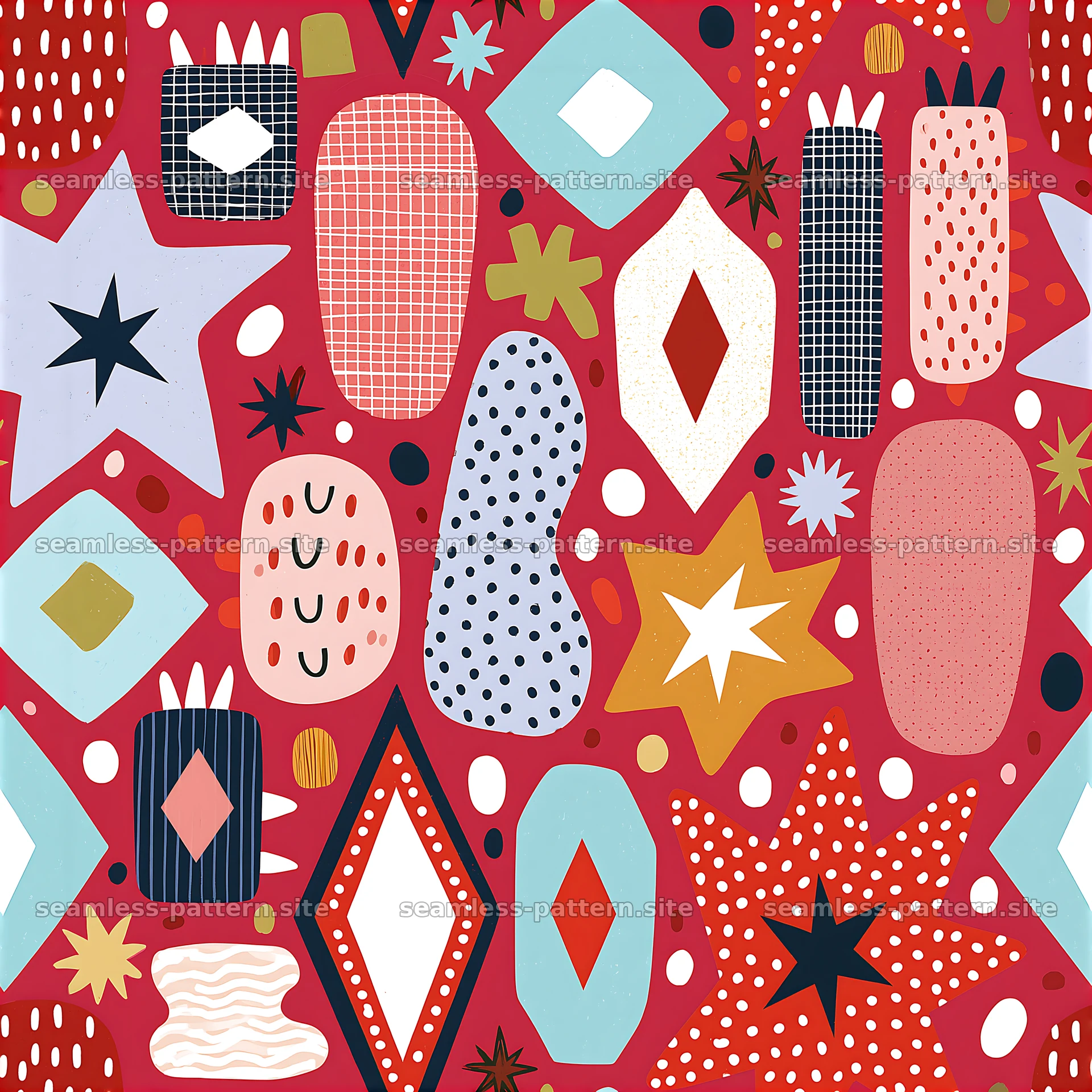 Colorful abstract shapes seamless pattern on a red background seamless pattern preview