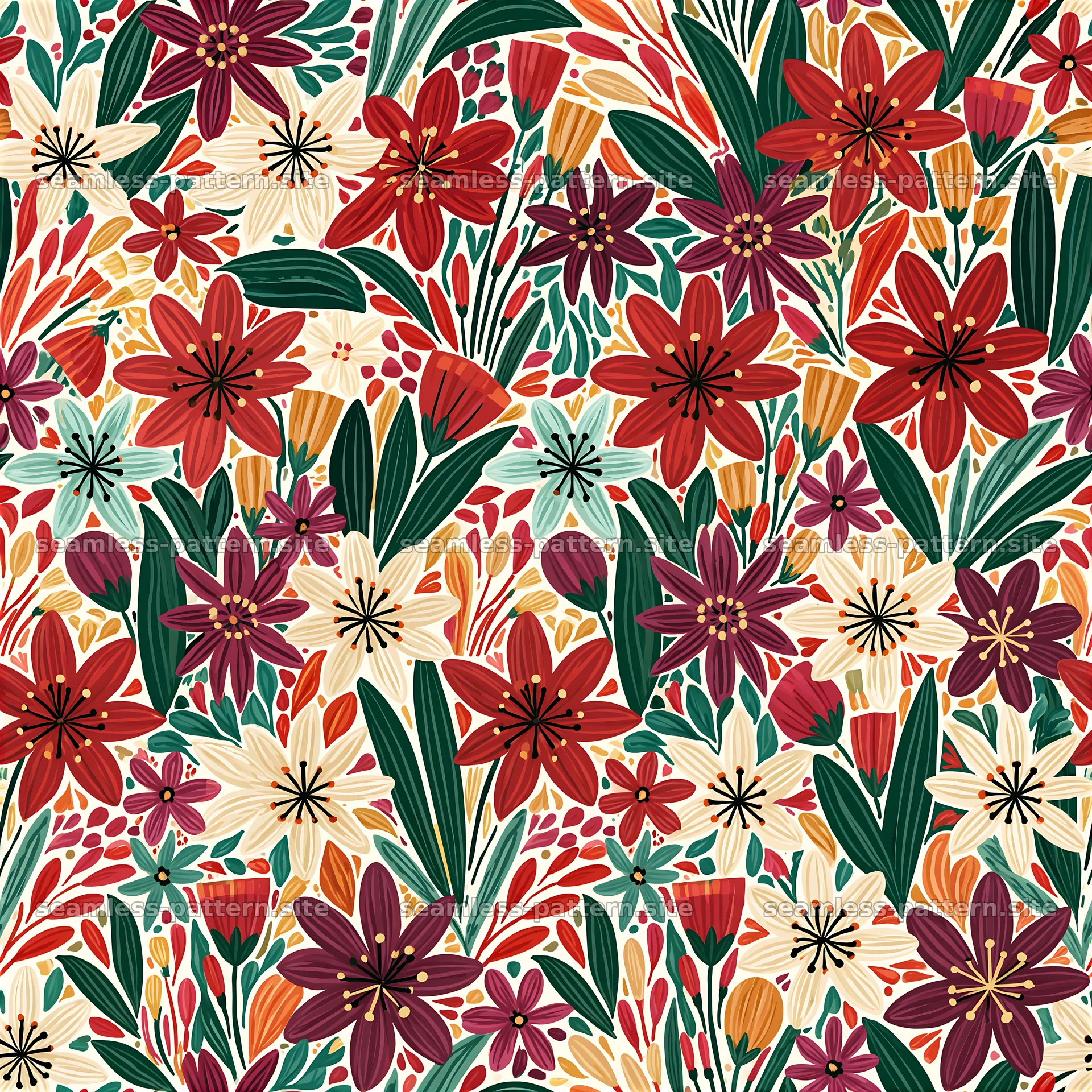 Colorful floral design with diverse shapes and shades seamless pattern preview