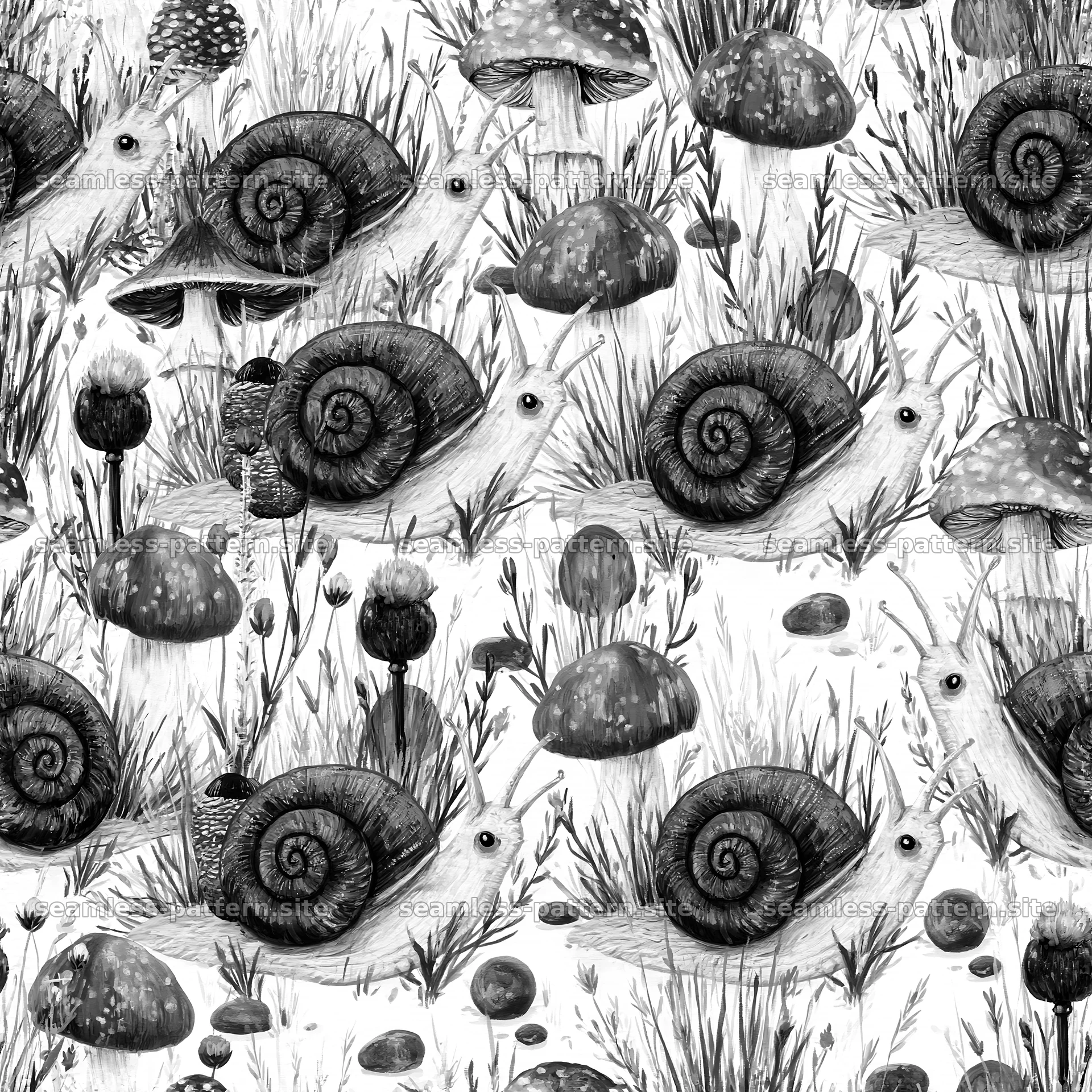 Seamless pattern featuring cute snails and mushrooms seamless pattern preview