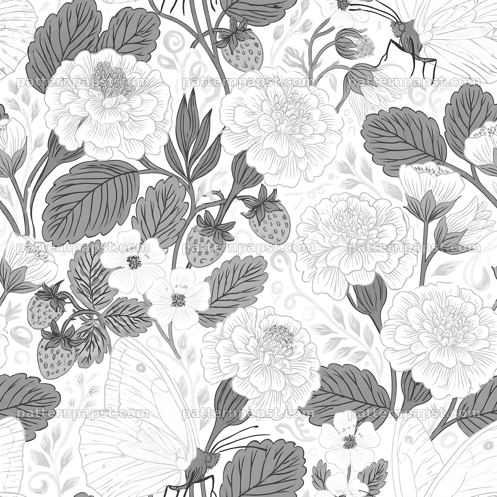 Fairy garden butterfly seamless pattern with flowers and strawberries seamless pattern preview