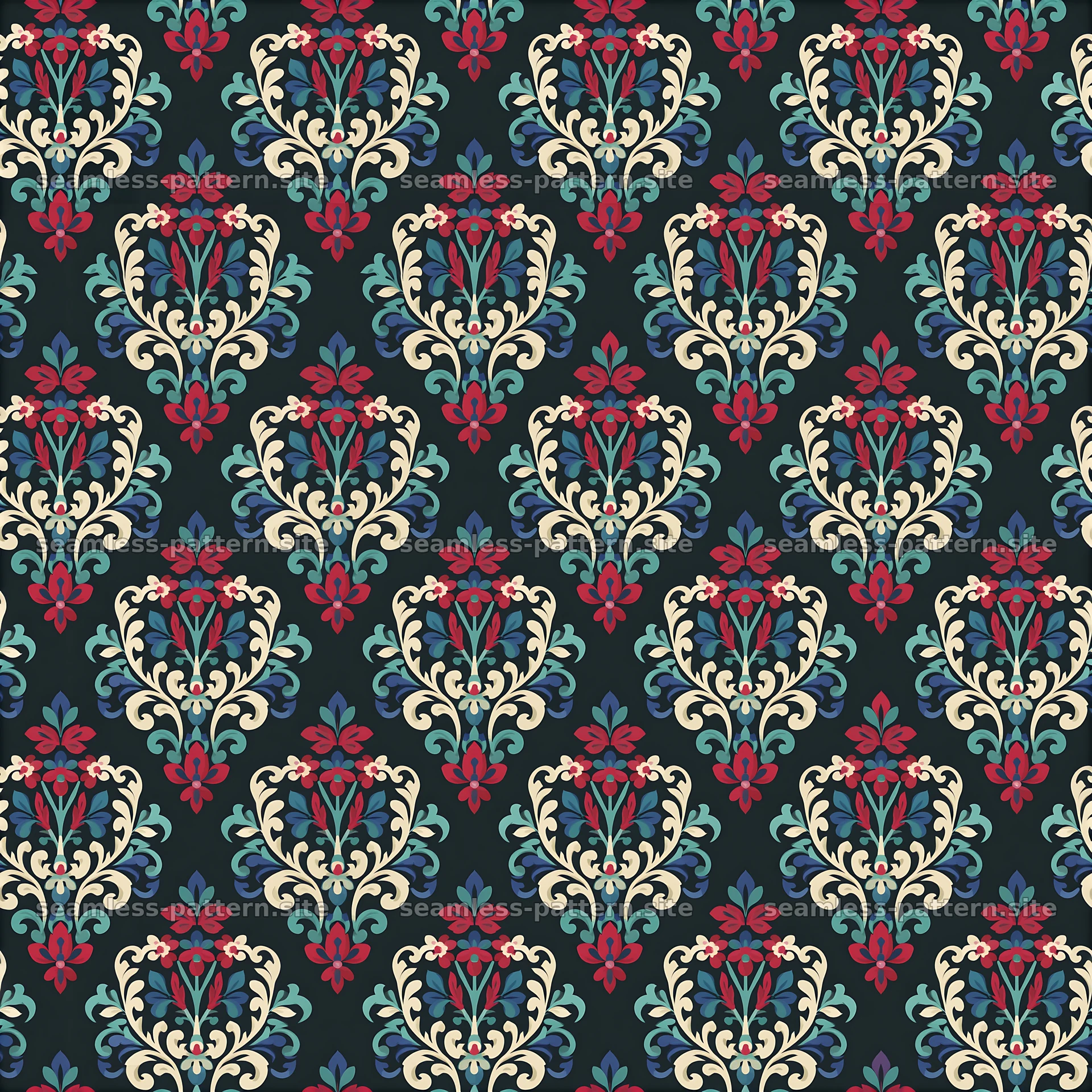 Colorful damask seamless pattern featuring floral motifs and bold seamless pattern preview