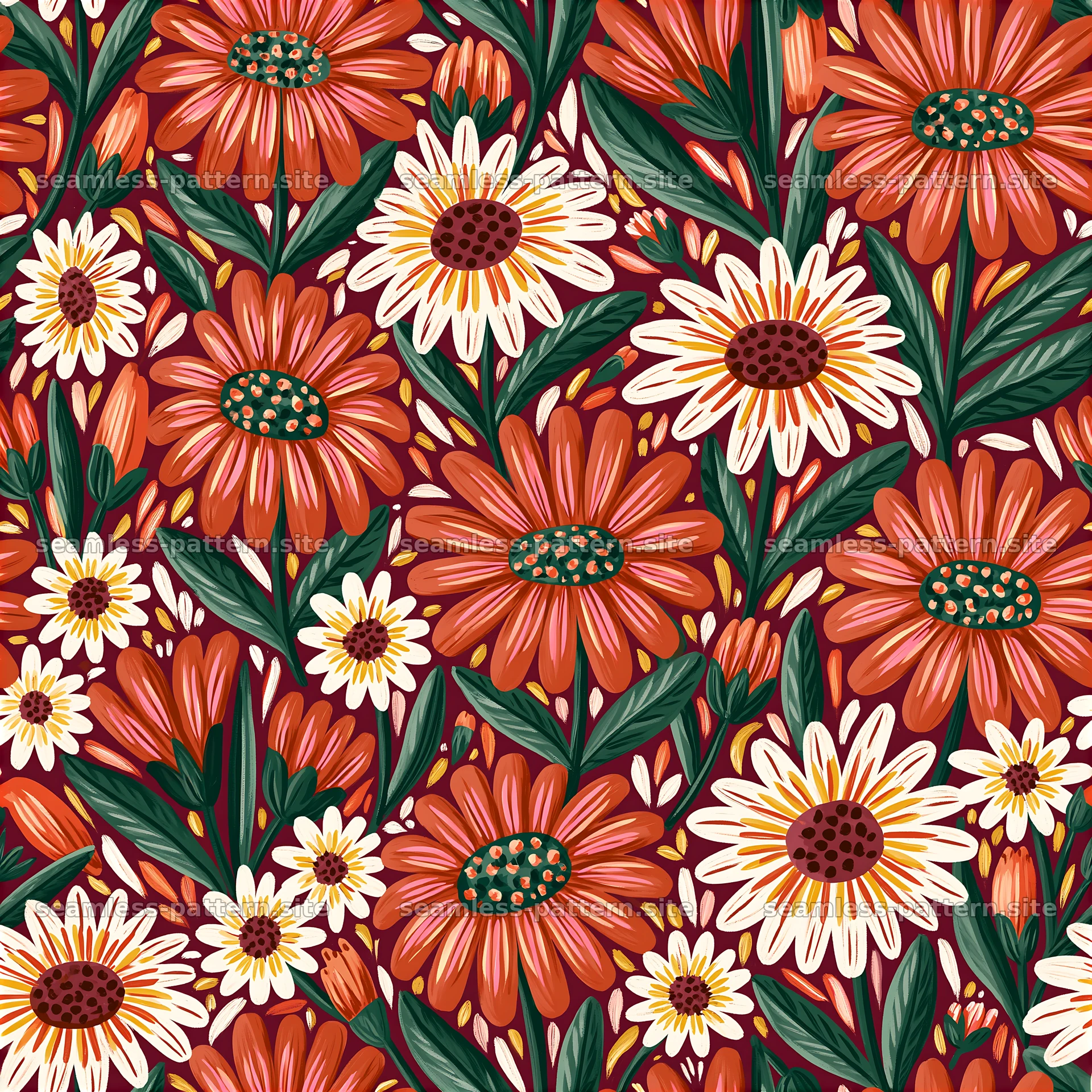 Colorful daisy seamless pattern with red and white blooms and green seamless pattern preview