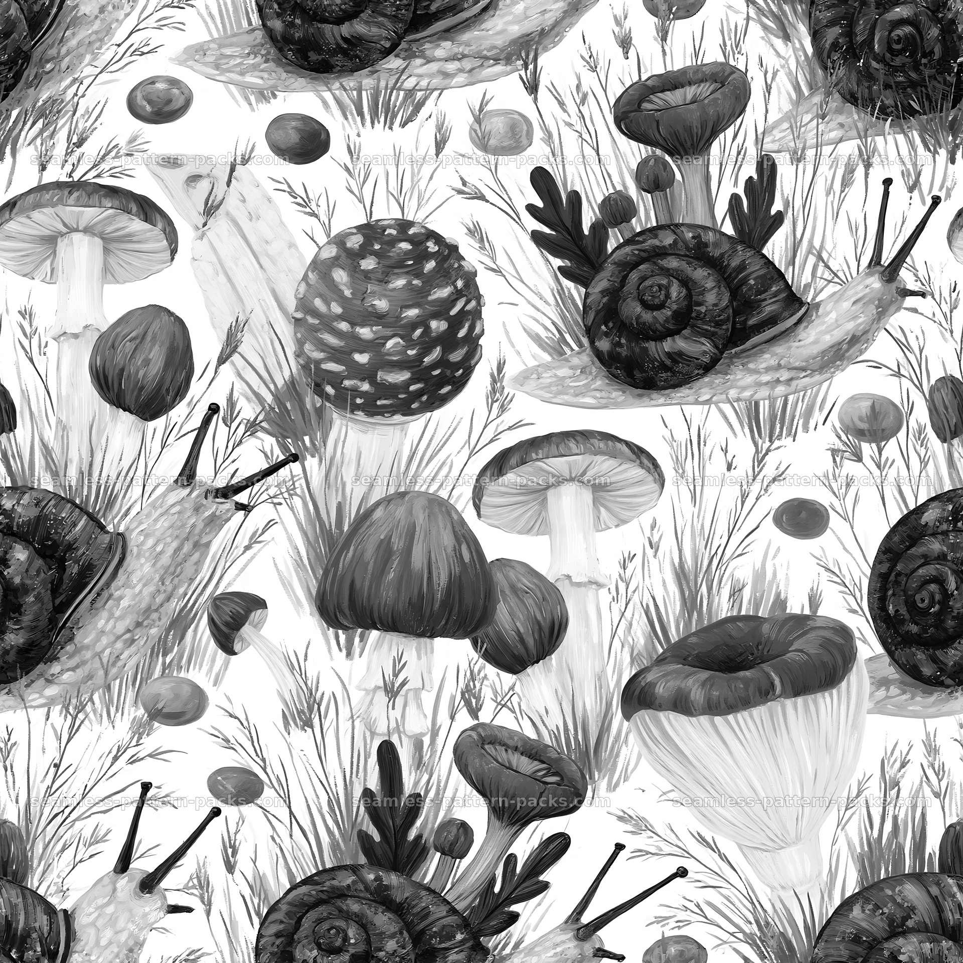 Seamless pattern featuring cute snails and mushrooms seamless pattern preview