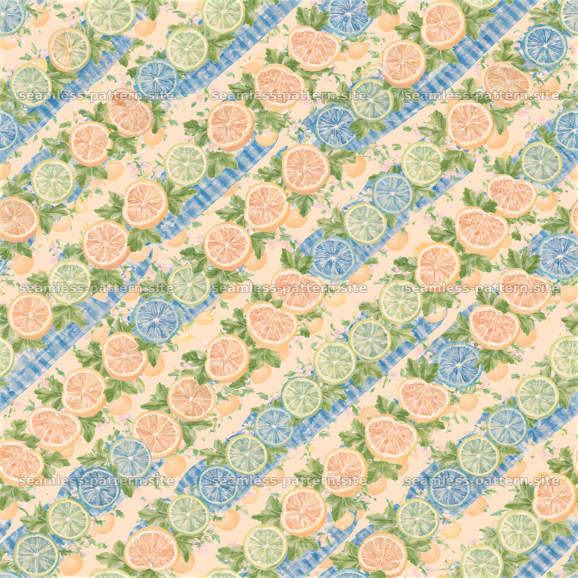 Lemon and lime slices with blue stripes and green leaves seamless pattern preview