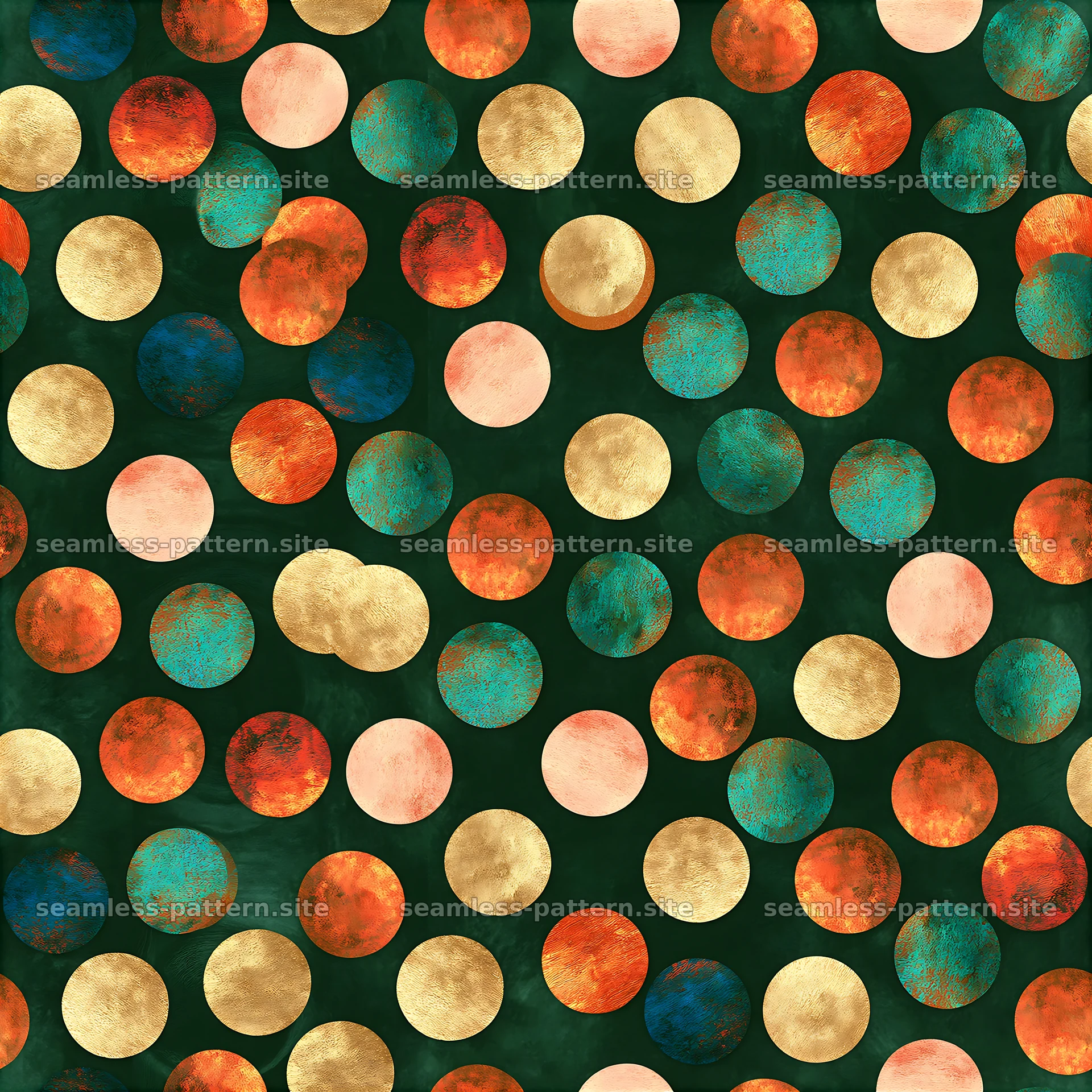 Colorful polka dot pattern with gold on a dark background seamless pattern preview