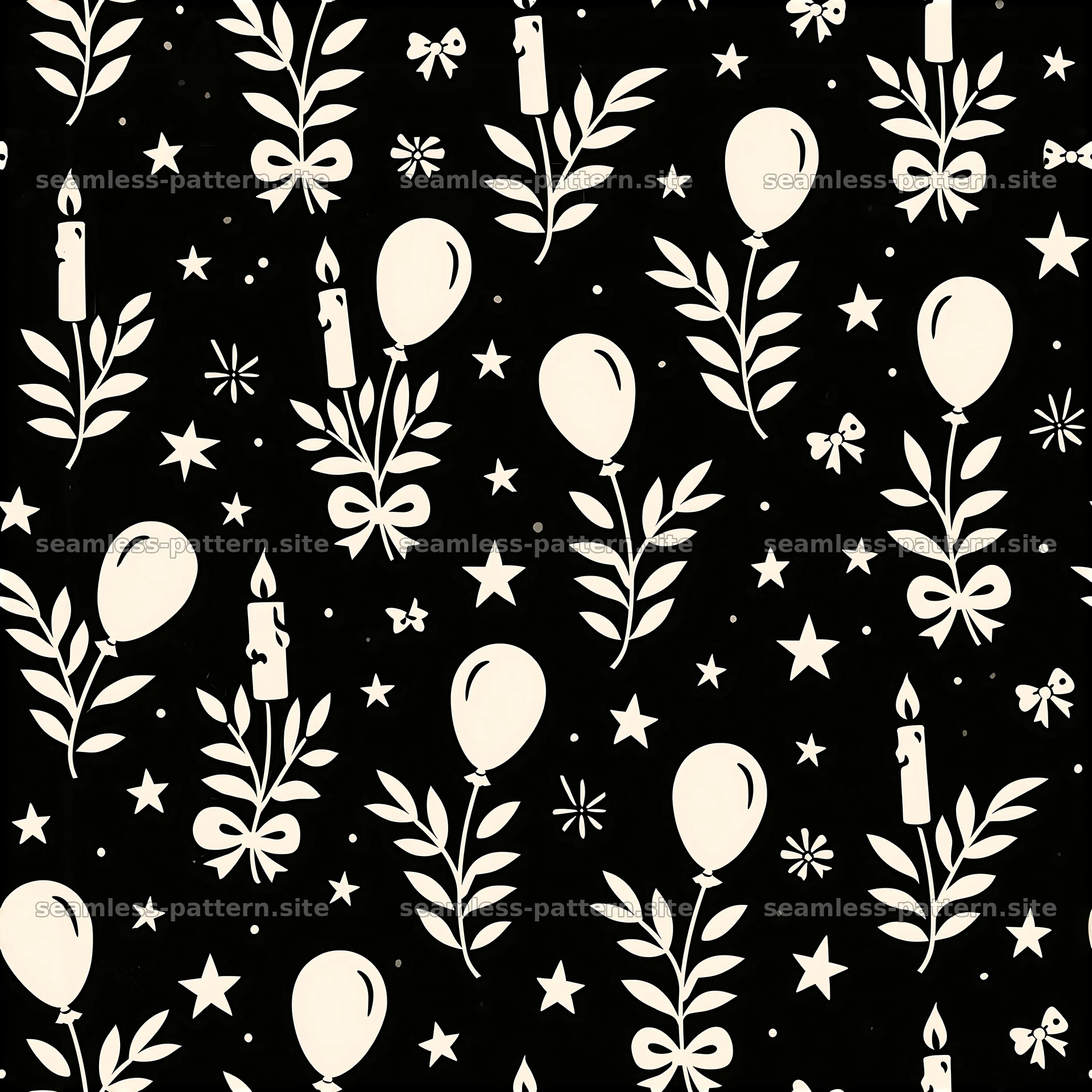 Black and white seamless pattern with balloons and candles seamless pattern preview