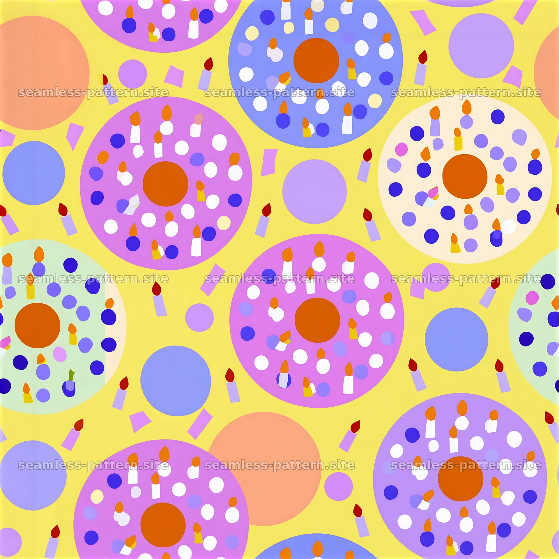 Colorful circles with birthday candles and dots in a seamless layout seamless pattern preview
