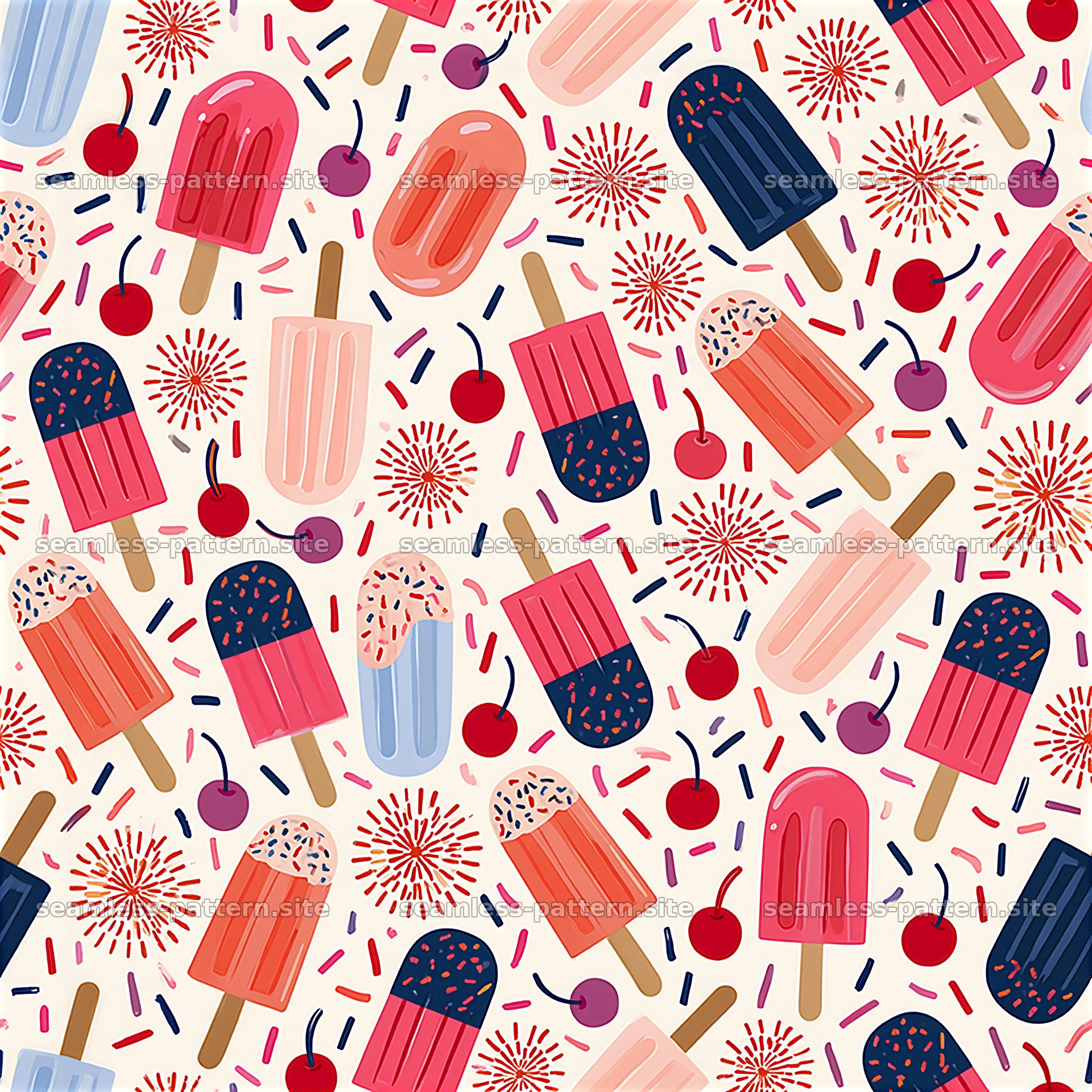Colorful ice cream seamless pattern with popsicles and cherries seamless pattern preview