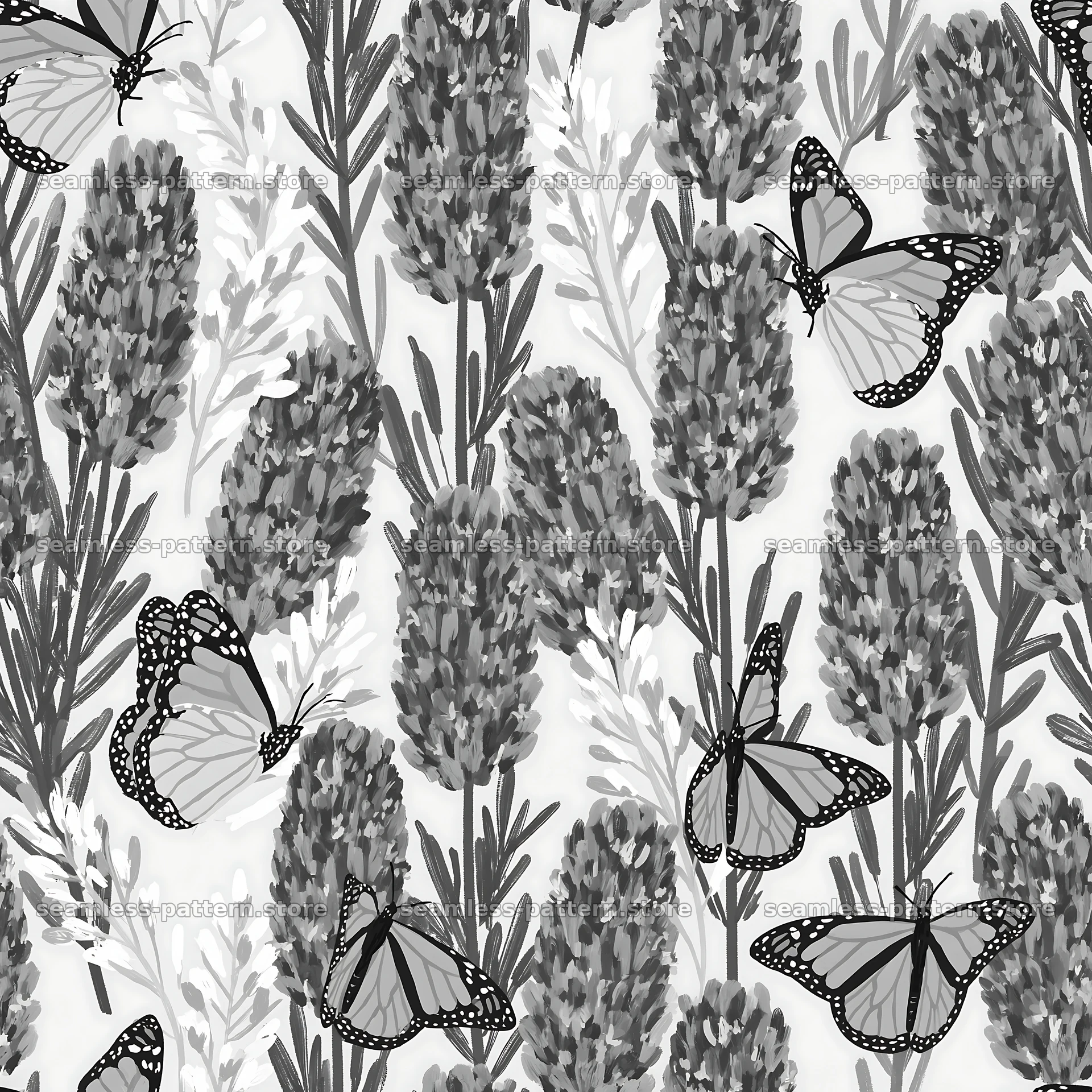 Butterfly and lavender seamless pattern in black and white seamless pattern preview