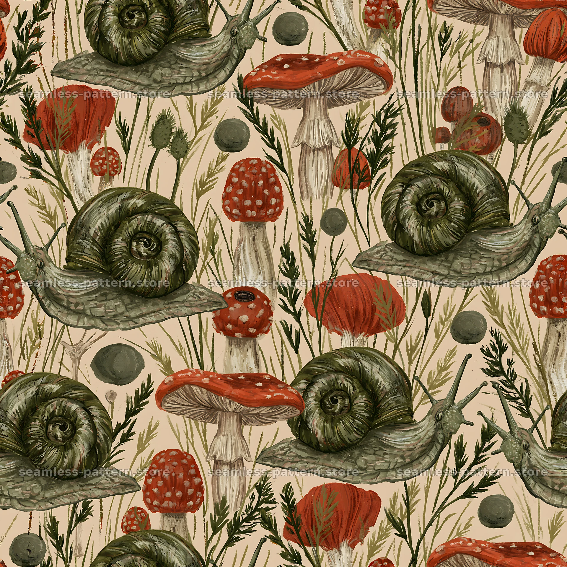 Seamless texture featuring cute snails and mushrooms seamless pattern preview