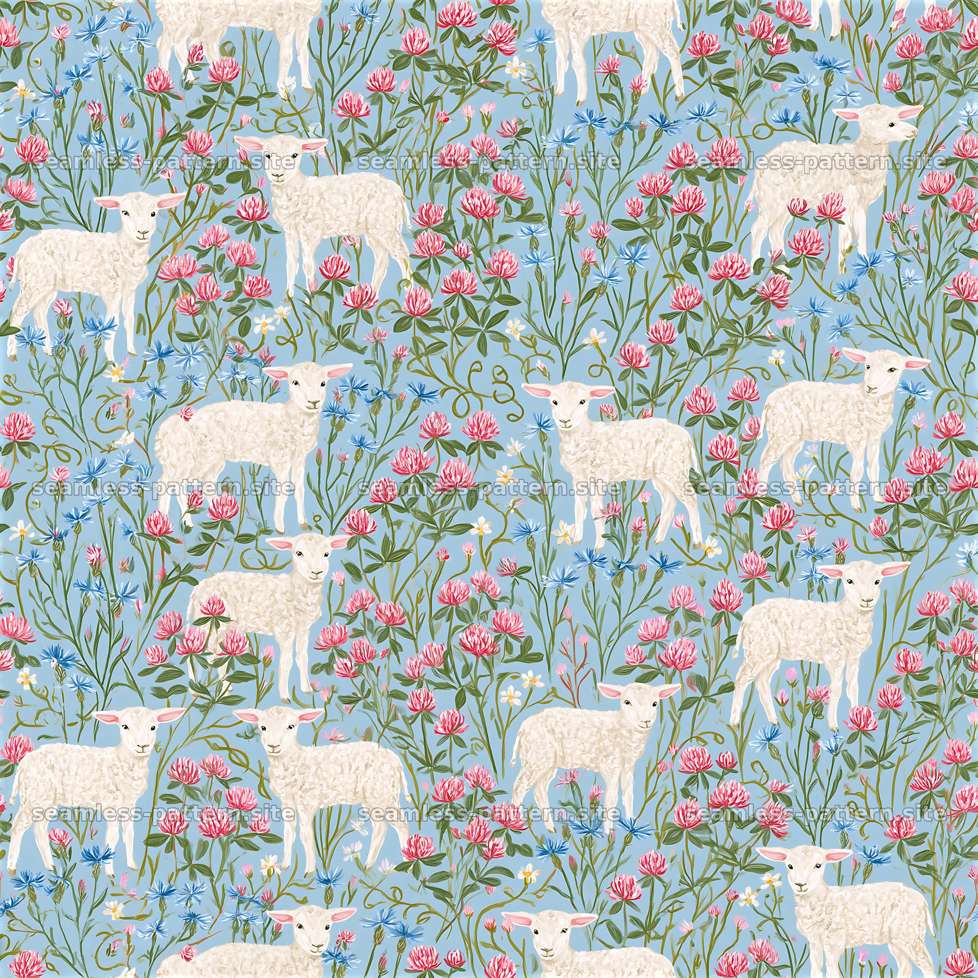 Lambs and Meadow Flowers Seamless Pattern seamless pattern preview