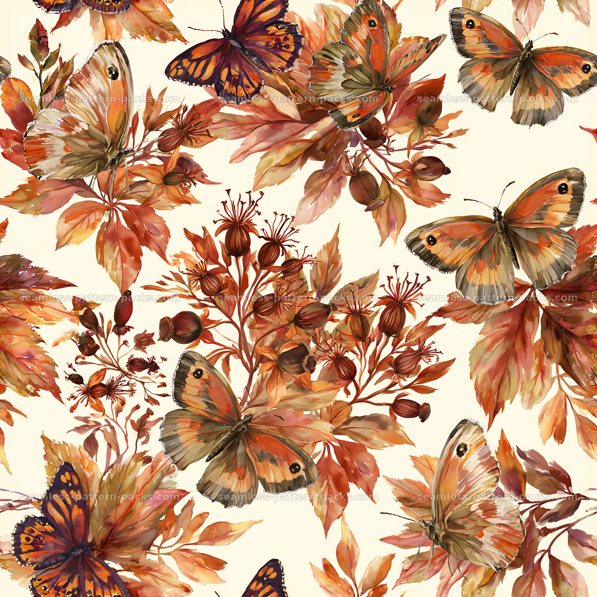 Watercolor butterfly seamless pattern on foliage background seamless pattern preview