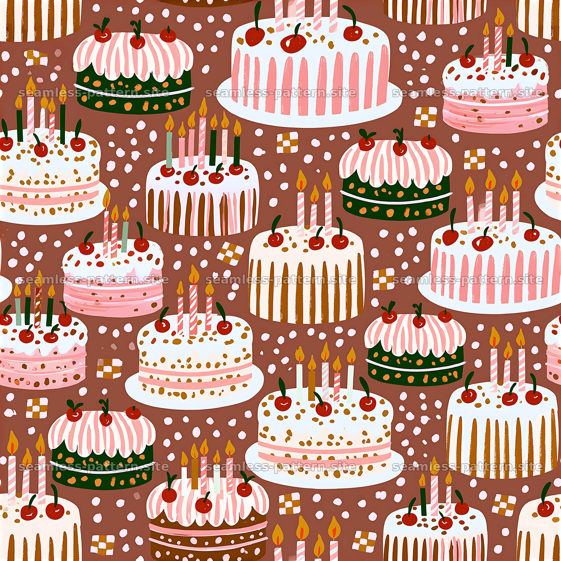 Birthday Cake Repeat Pattern with Candles and Cherries seamless pattern preview