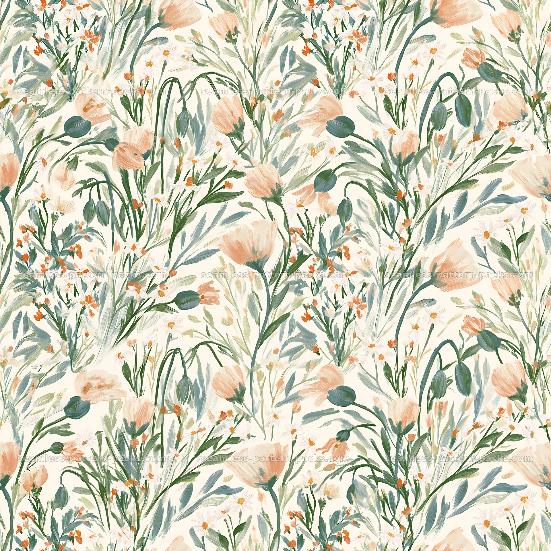 Repeat wildflower brushstroke pattern in soft colors seamless pattern preview