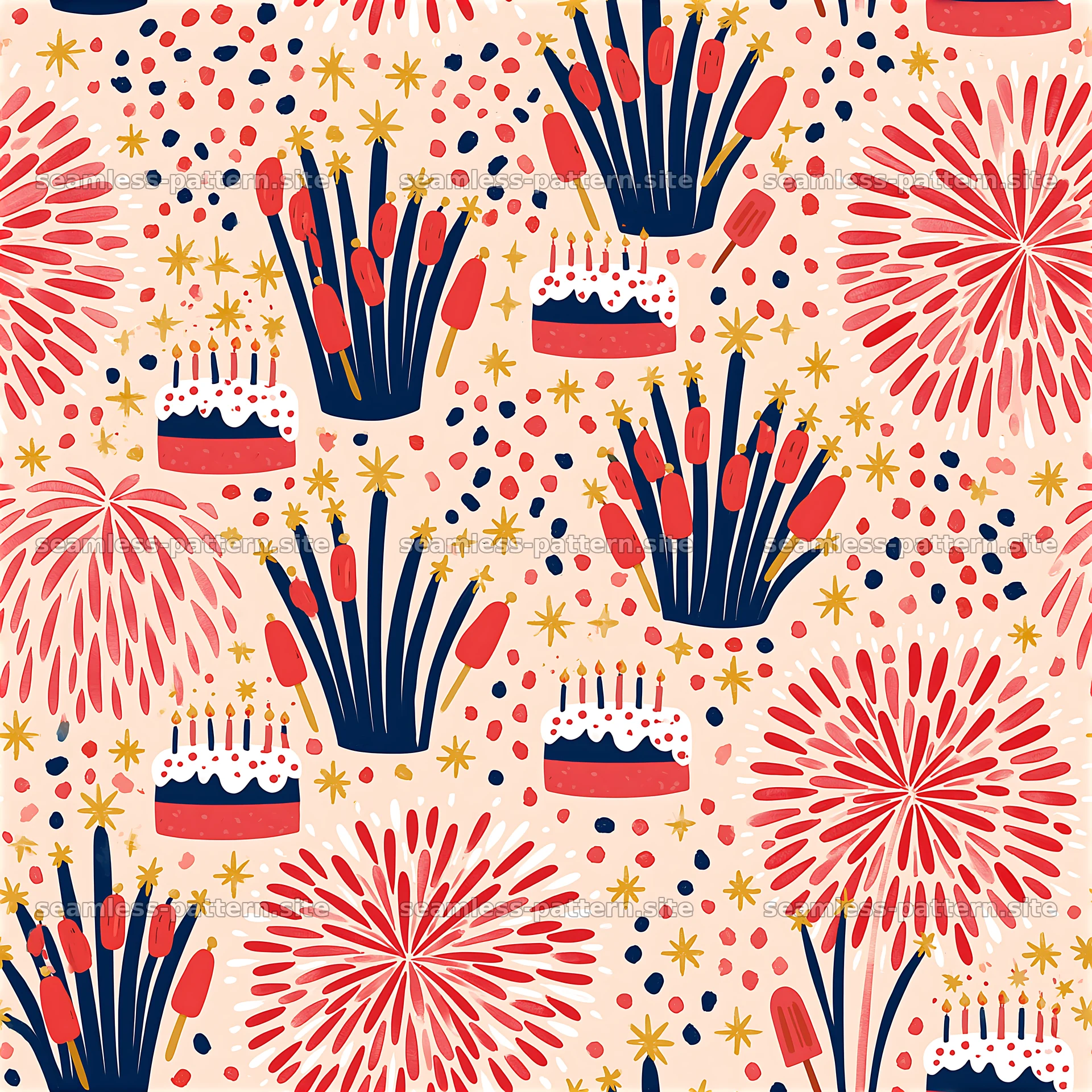 Colorful seamless pattern with cakes and fireworks for celebrations seamless pattern preview