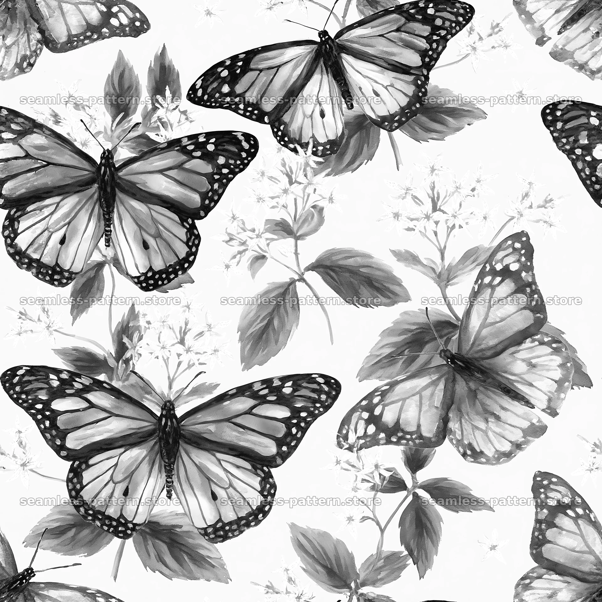 Watercolor butterfly seamless pattern in black and white seamless pattern preview