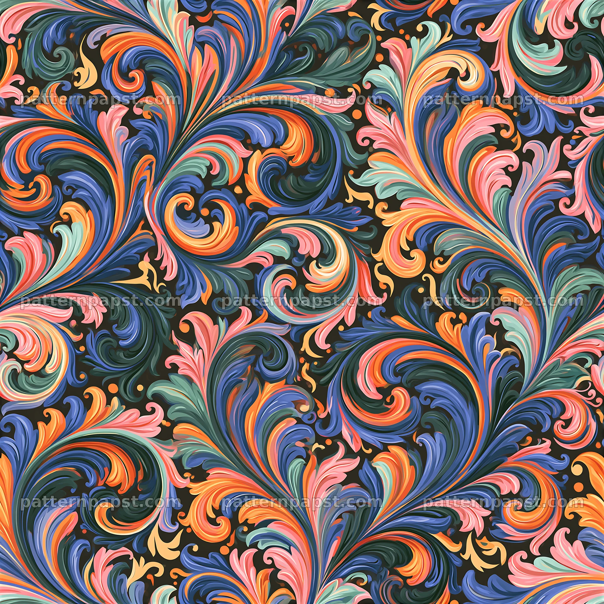 Colorful damask seamless pattern with swirling and flowing shapes seamless pattern preview