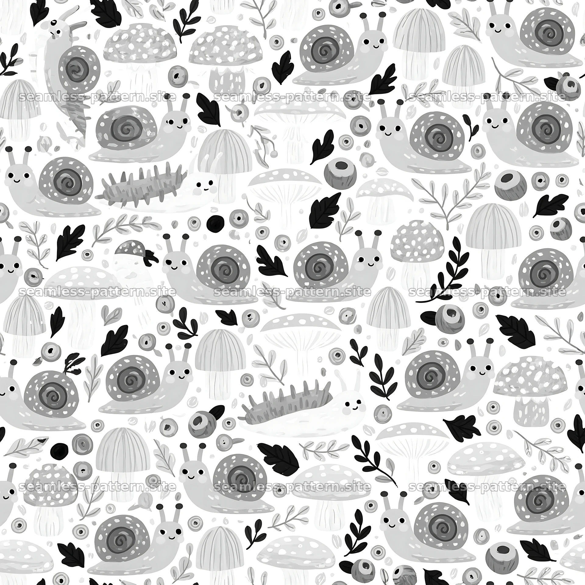 Cute black and white snails and mushrooms pattern seamless pattern preview