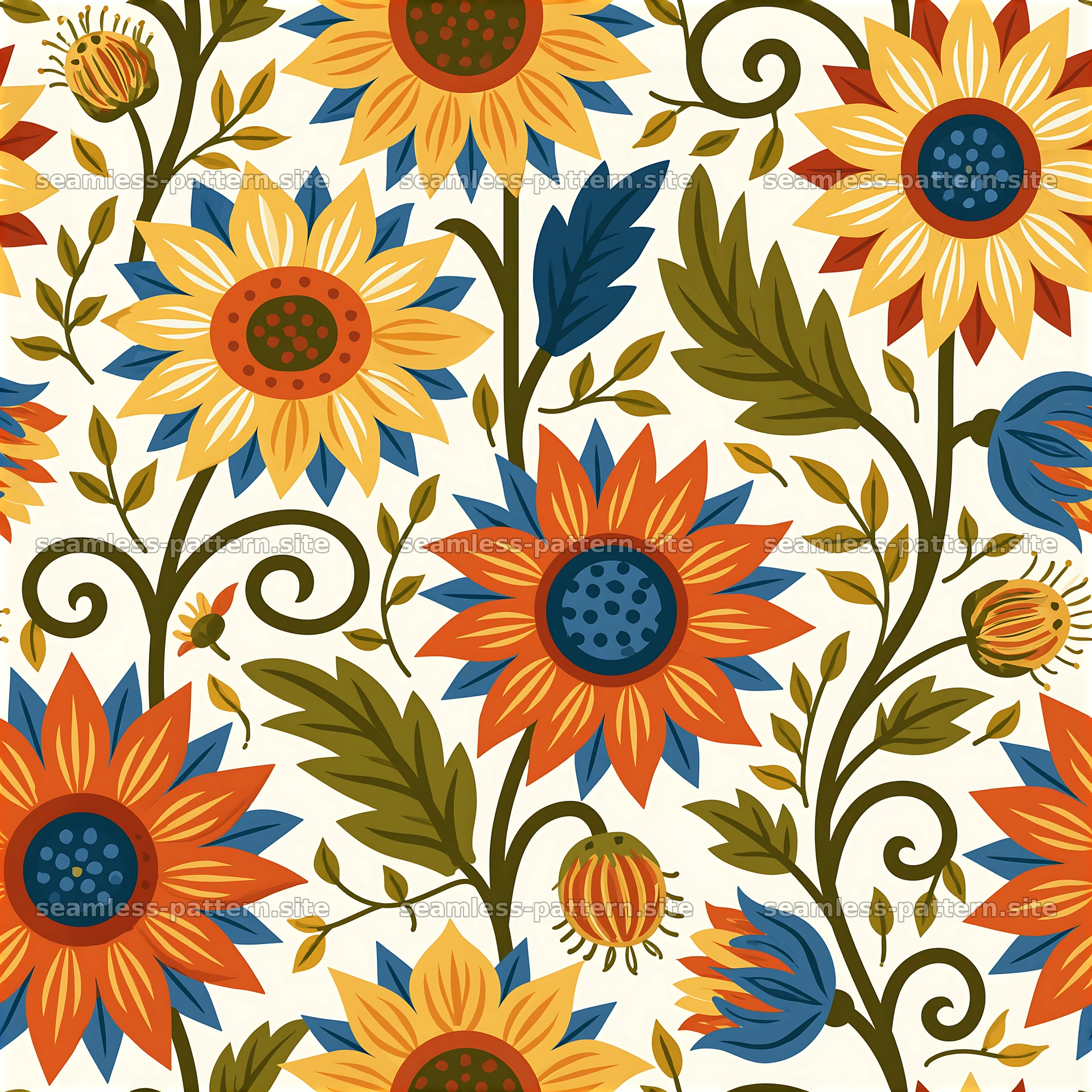 Colorful Folk Art Sunflower Floral Seamless Pattern seamless pattern preview