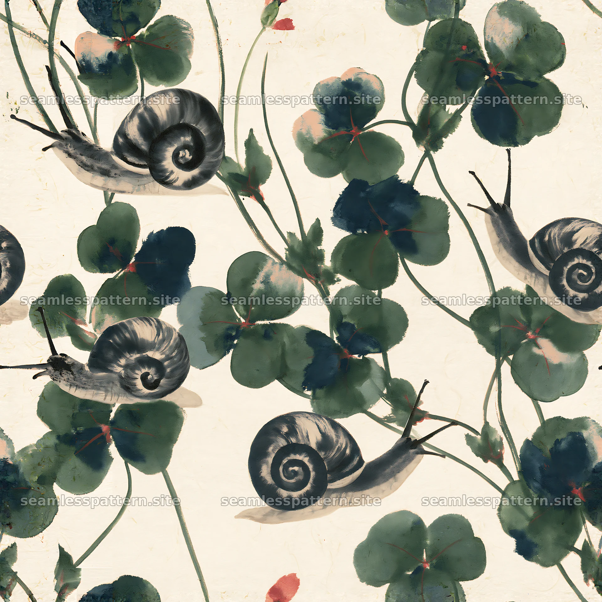 Seamless pattern of snails and clover leaves for textiles seamless pattern preview