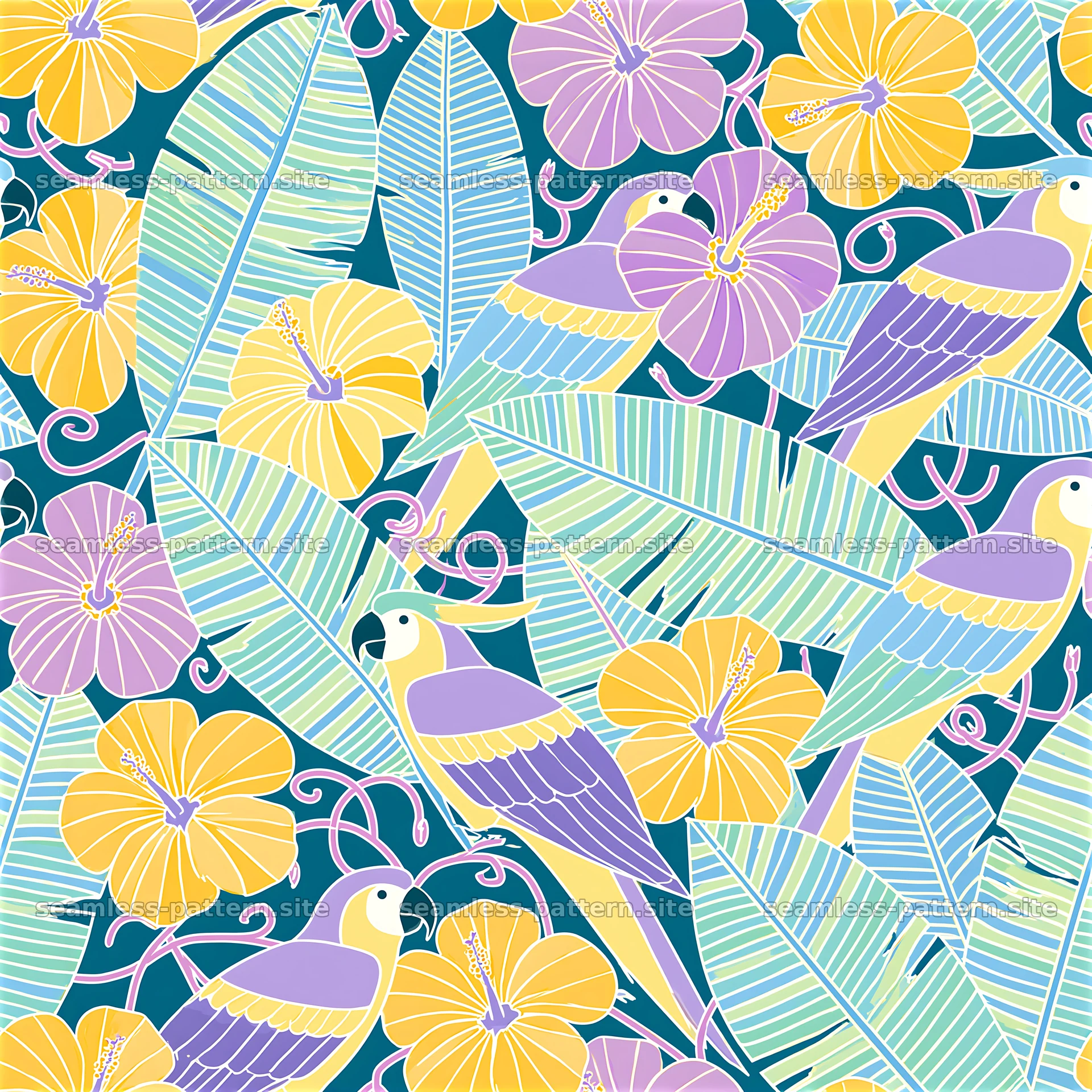 Colorful Tropical Birds, Hibiscus and Leaf Seamless Pattern seamless pattern preview