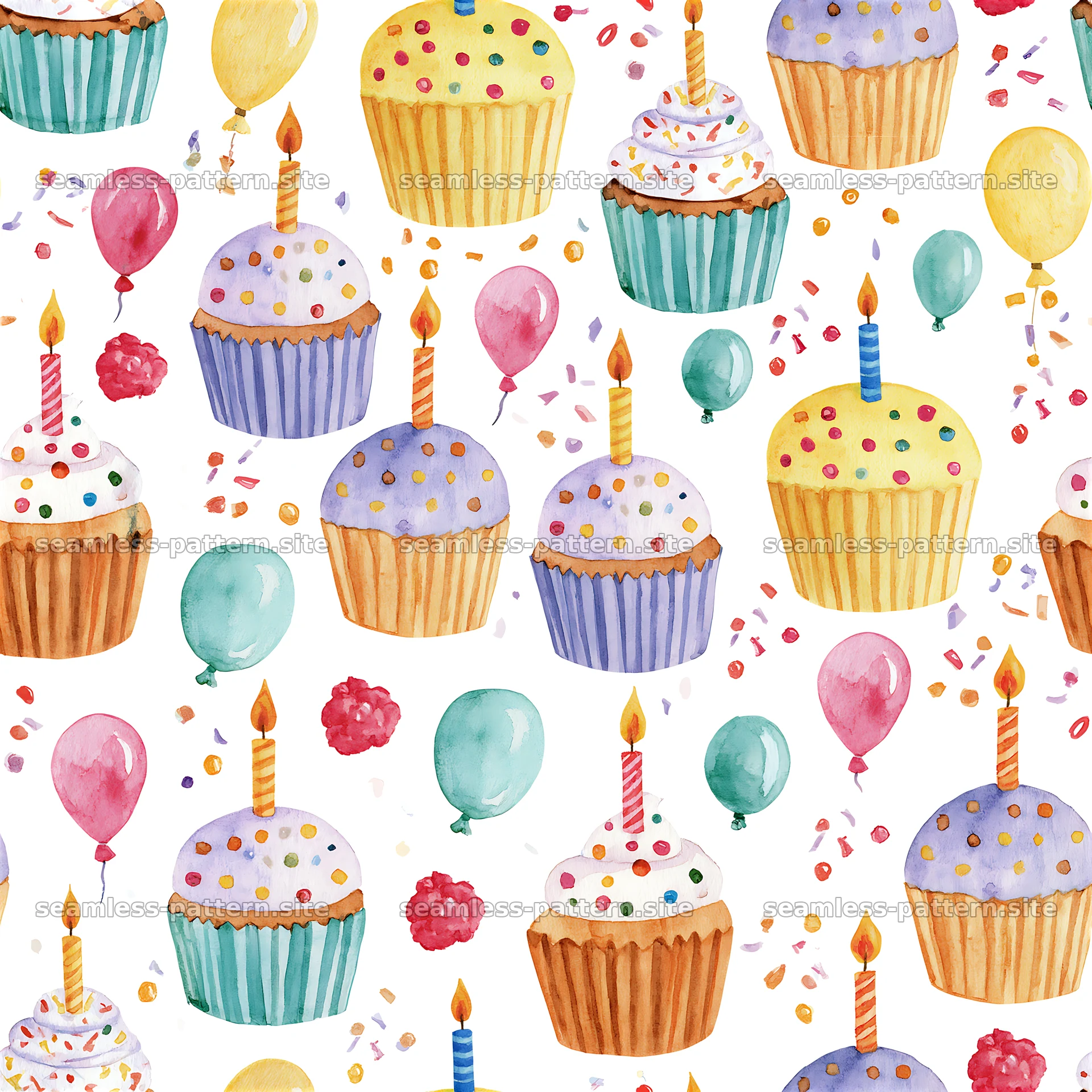 Birthday watercolor seamless pattern of cakes and balloons seamless pattern preview