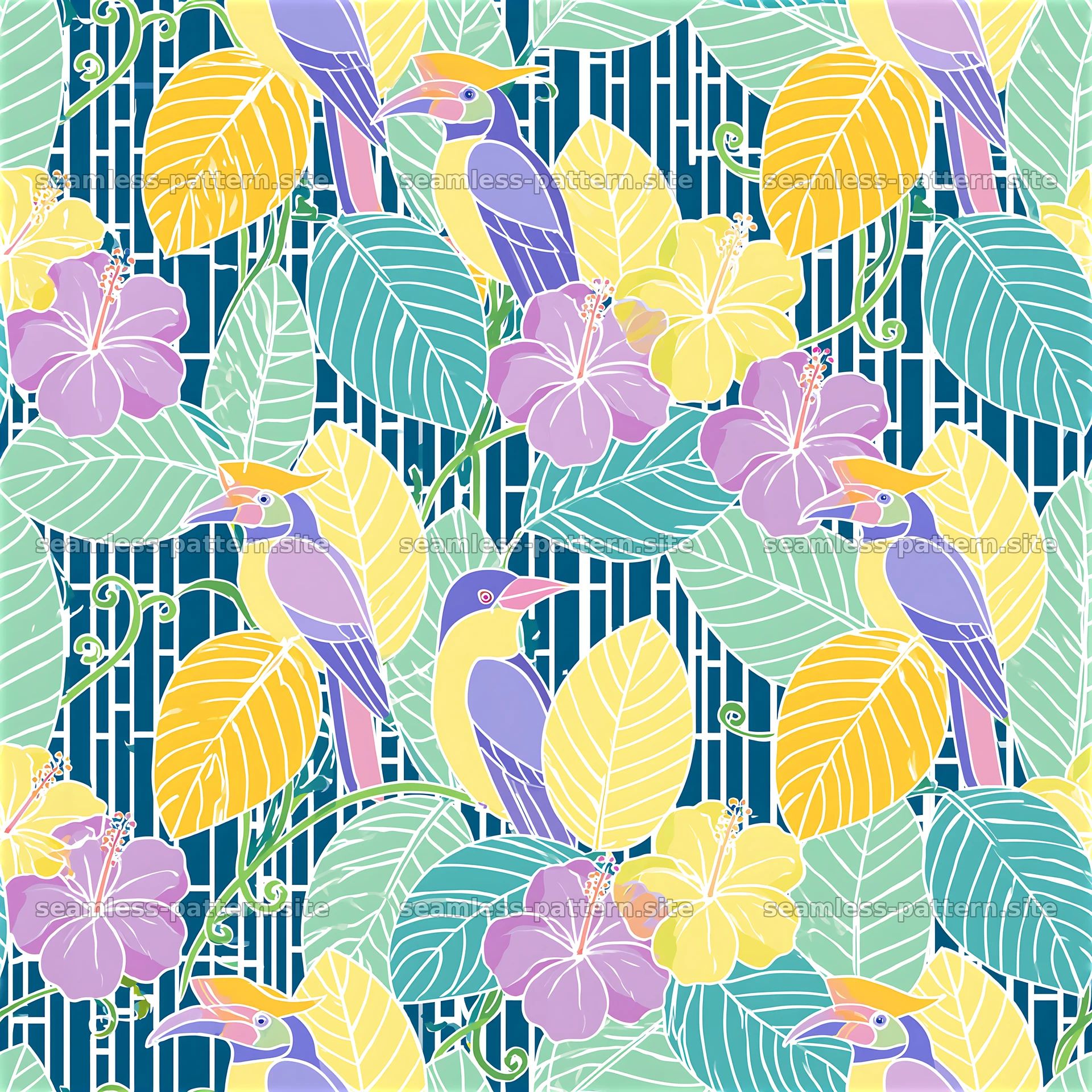 Colorful Tropical Birds and Hibiscus Seamless Pattern seamless pattern preview